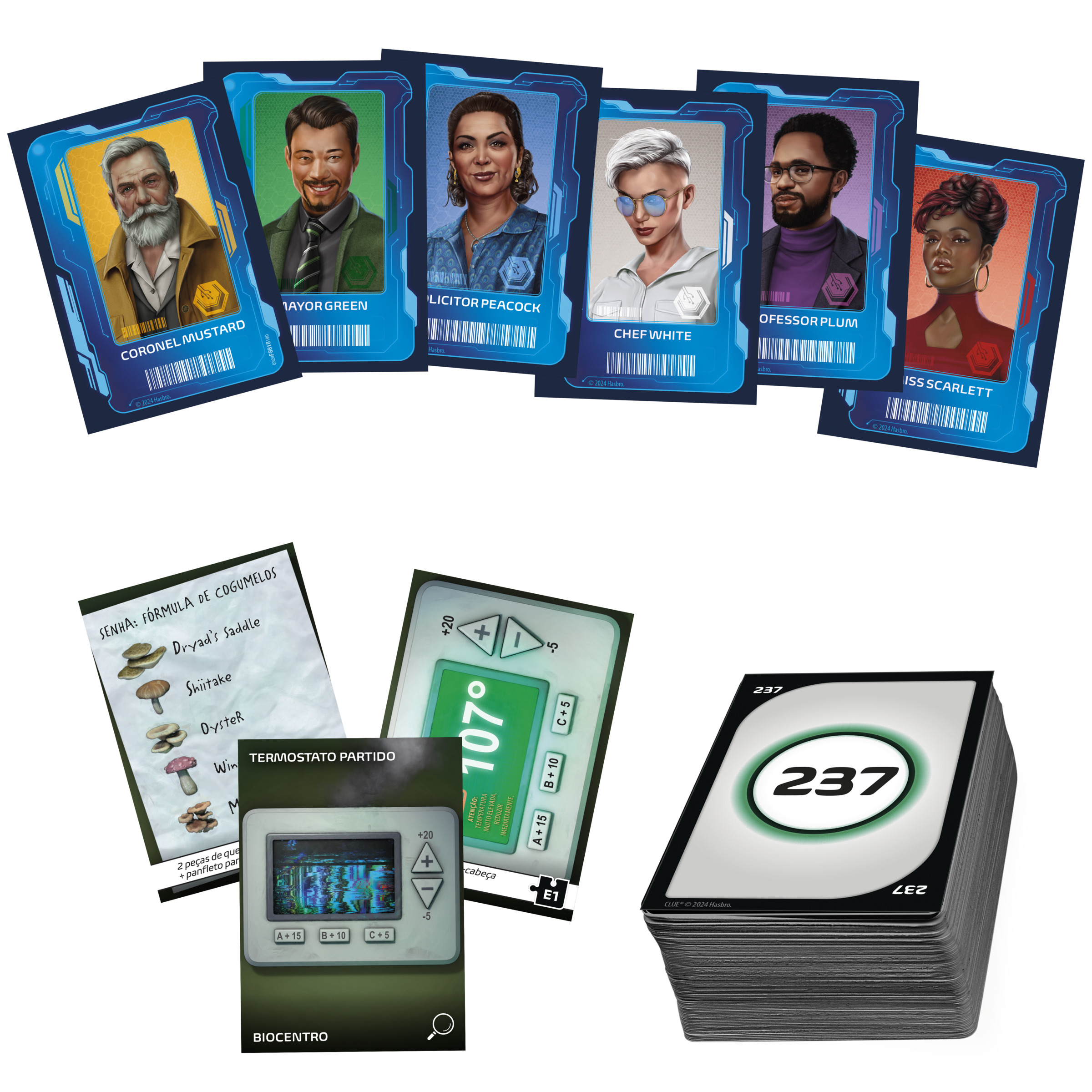 Cartas de un juego de mesa, con retratos de personajes e instrucciones del juego. Una pila de cartas es visible.