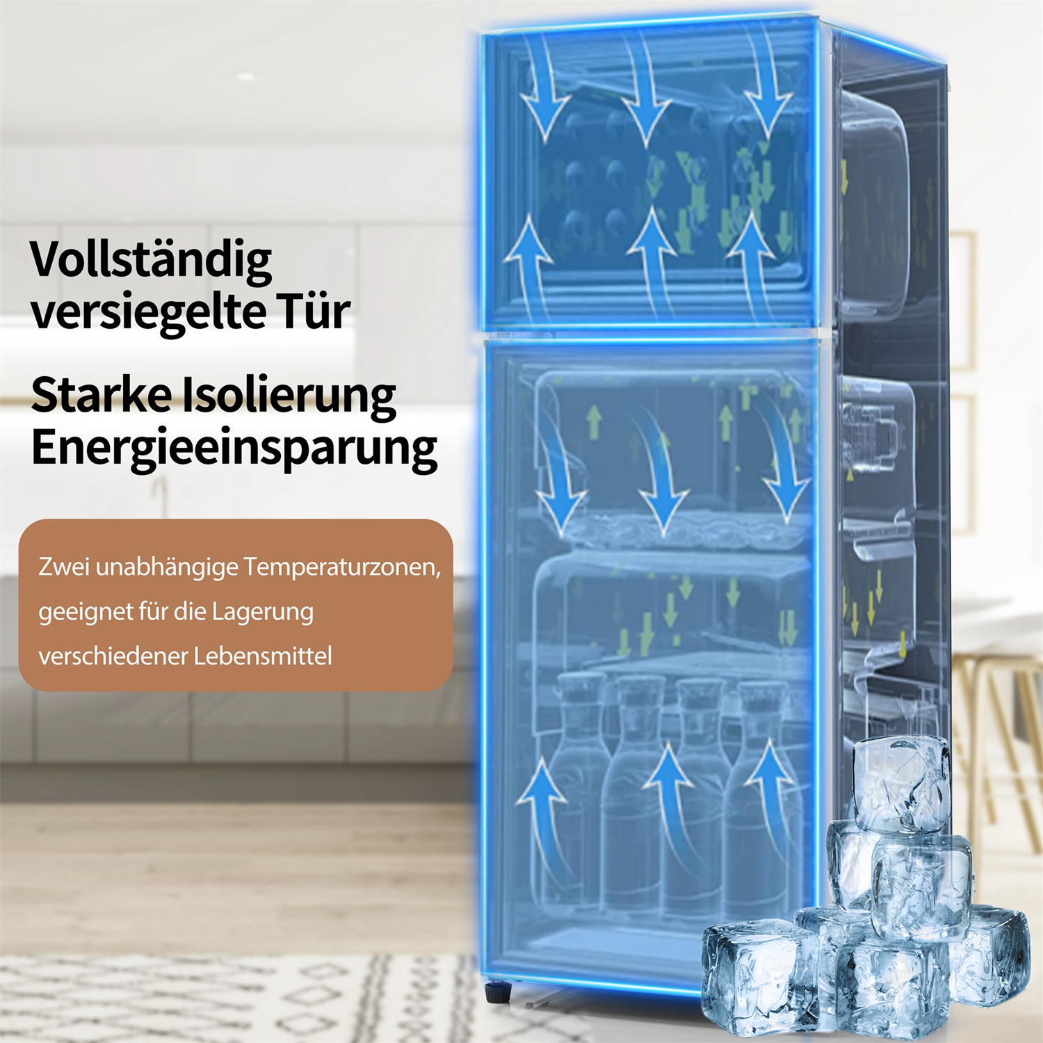 Ein Kühlschrank mit Eiswürfeln und Pfeilen, die die Funktionsweise zeigen. Text: Versiegelte Tür.