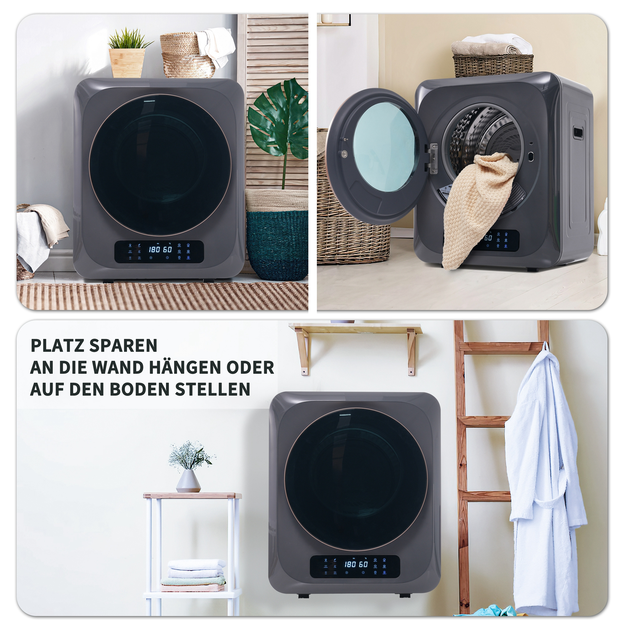 Ein Trockner. Einer ist geschlossen, und zwei zeigen das Innere. Text: Platz sparen an die Wand hängen oder auf den Boden stellen.
