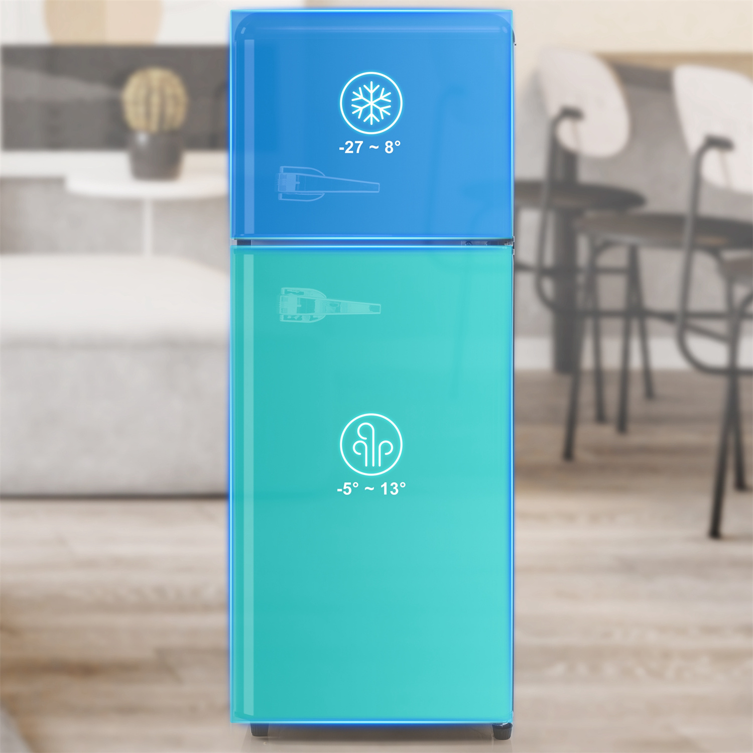 Blau-türkiser Retro-Kühlschrank mit Symbolen und Temperaturanzeigen, in verschwommenem Raum.