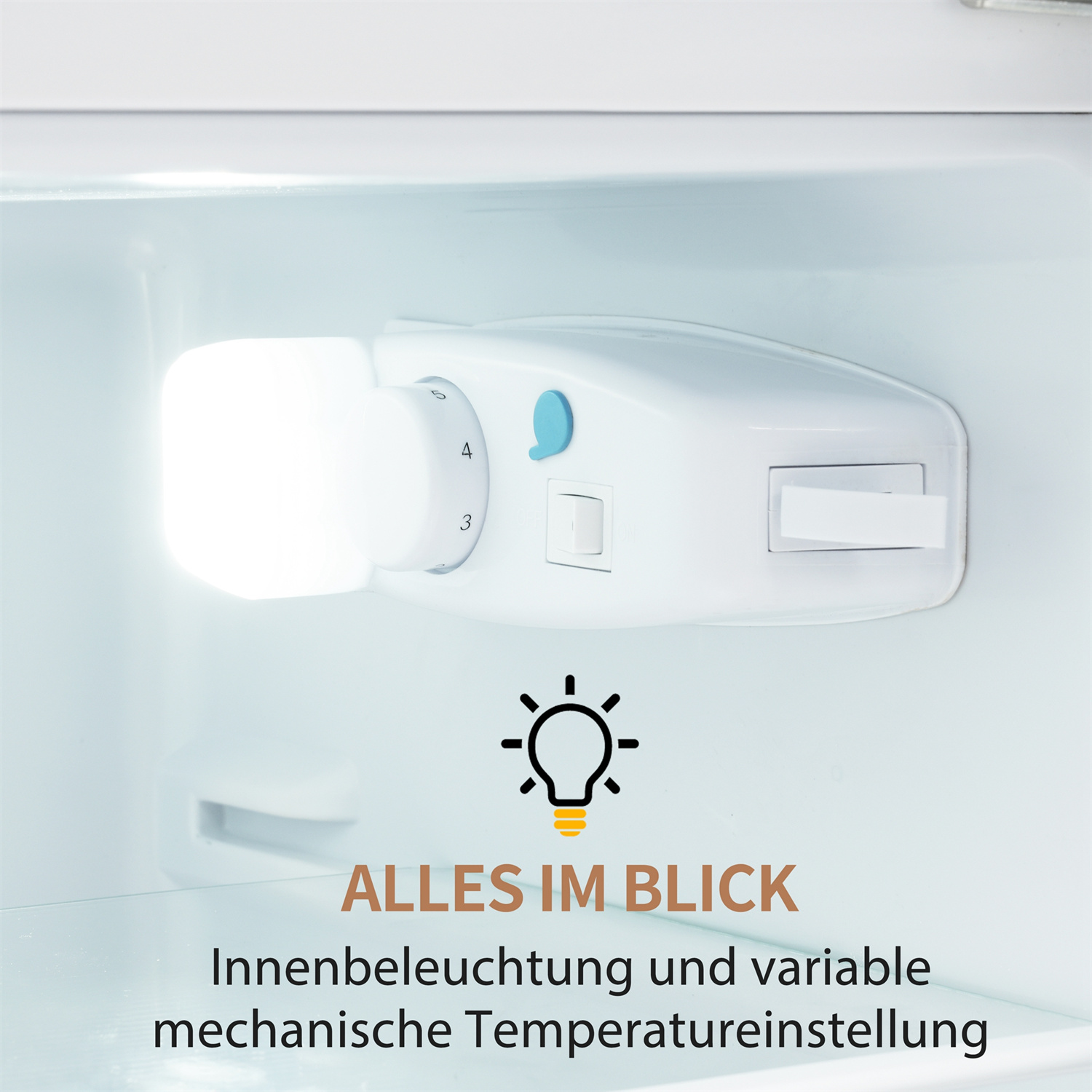 Ein Kühlschrankinnenraum mit Licht und Temperaturreglern.