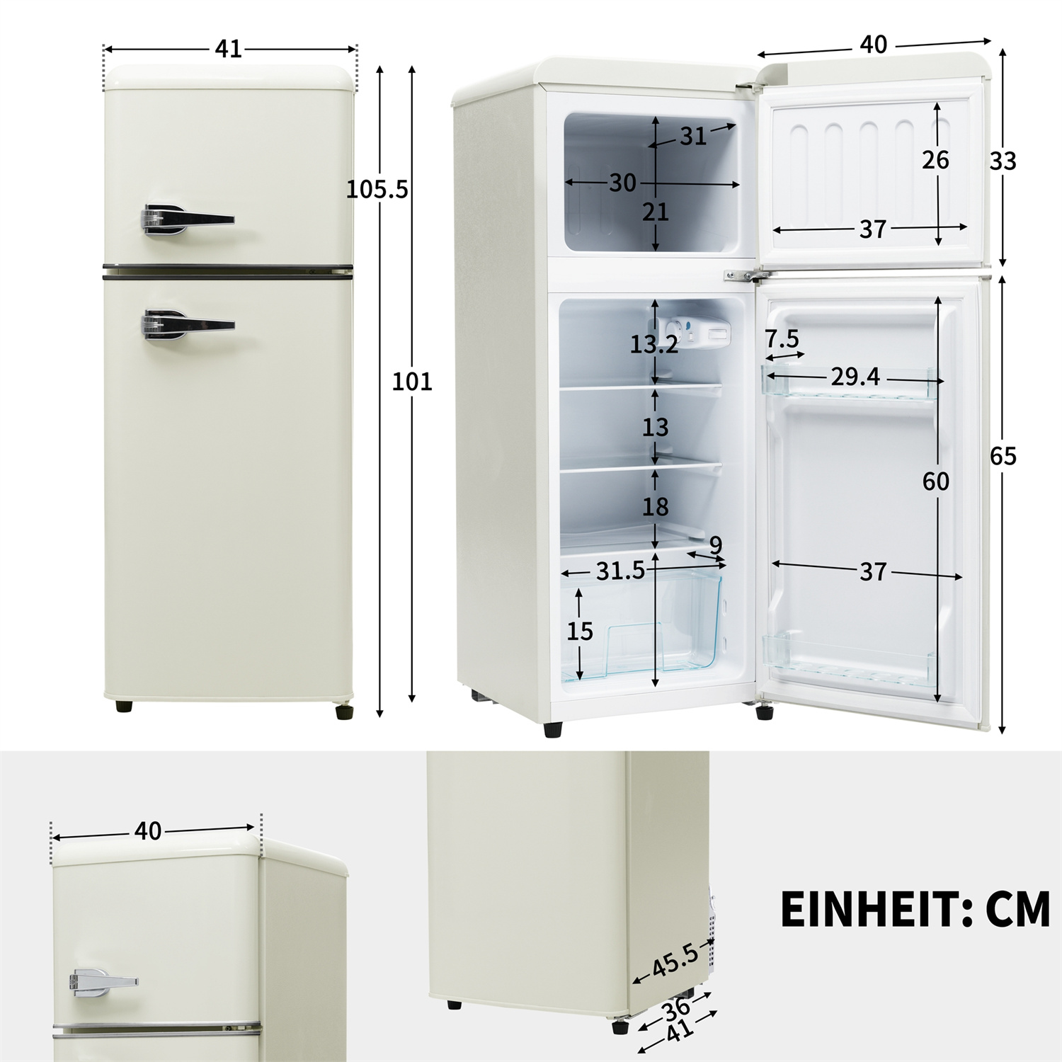 Ein beigefarbener Kühlschrank im Retro-Stil mit Maßangaben.