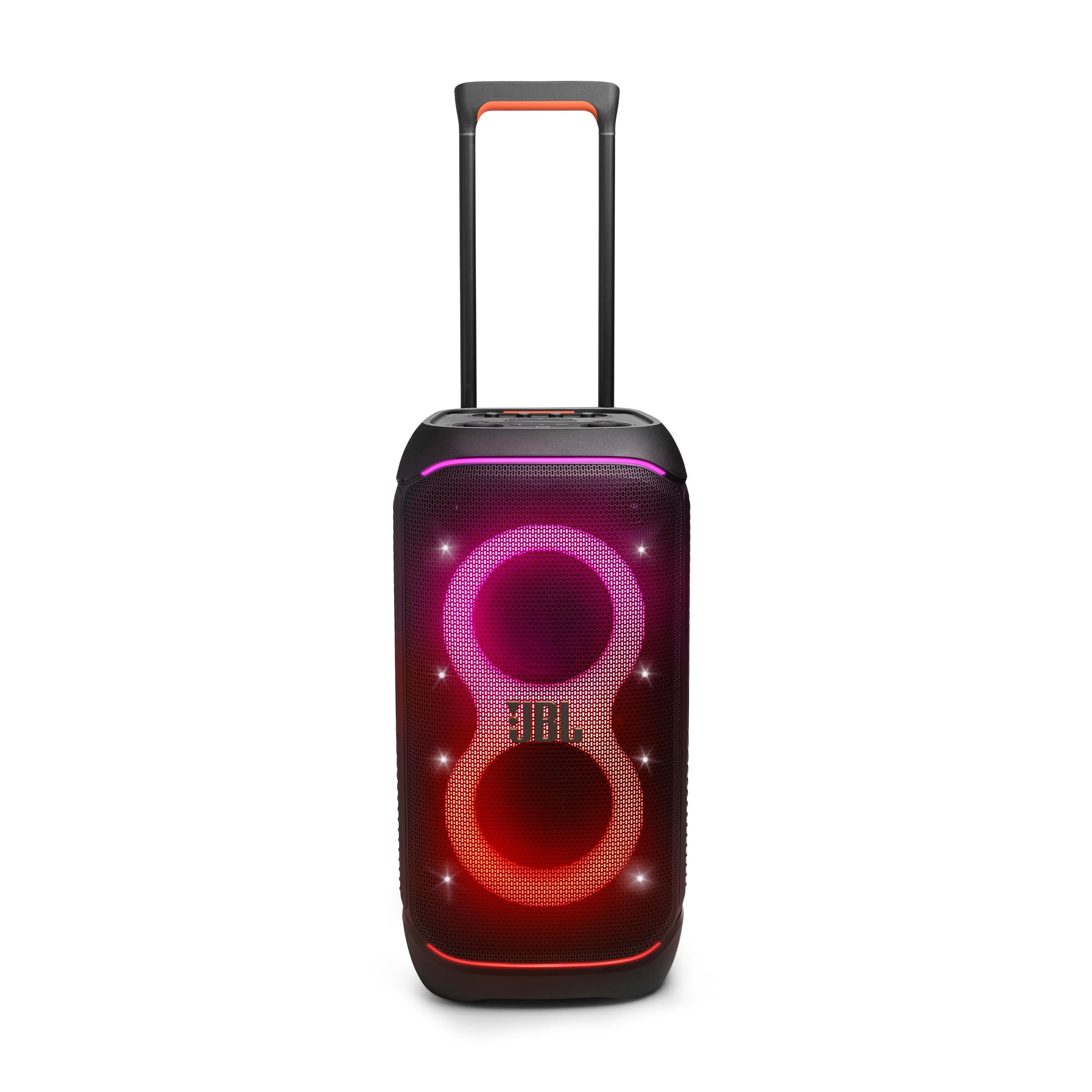 Schwarzer Lautsprecher mit Griff. Es hat bunte Lichter und das JBL-Logo.