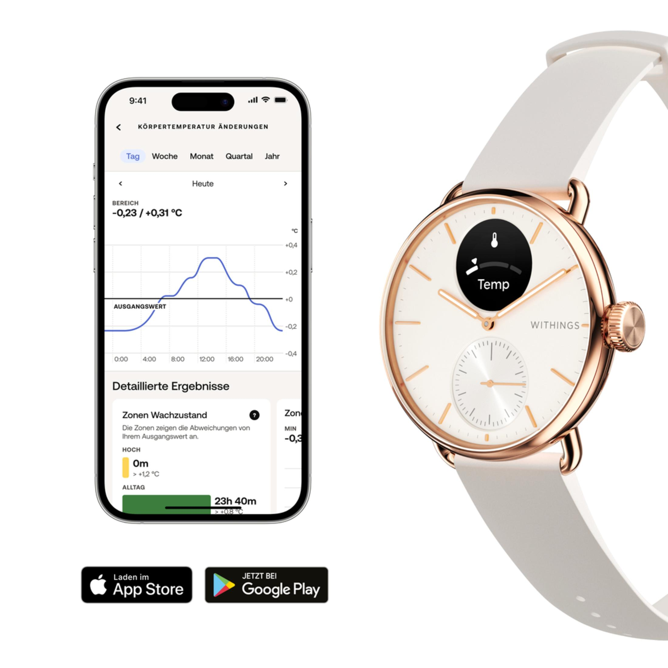 Smartwatch wyświetlający dane zdrowotne obok smartfona z interfejsem aplikacji.