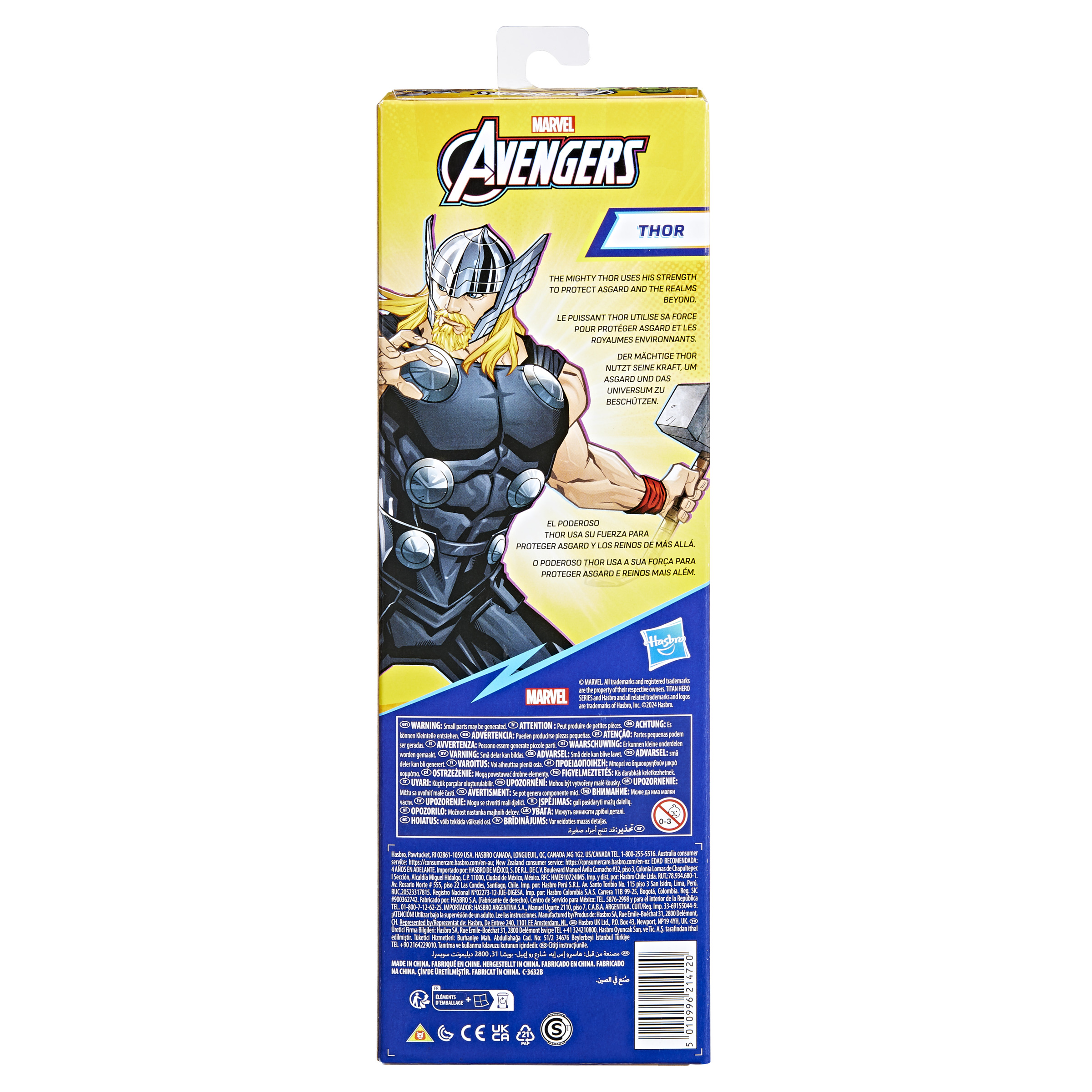 Opakowanie figurki akcji Thor z Marvel Avengers. Wiele języków w tekście.