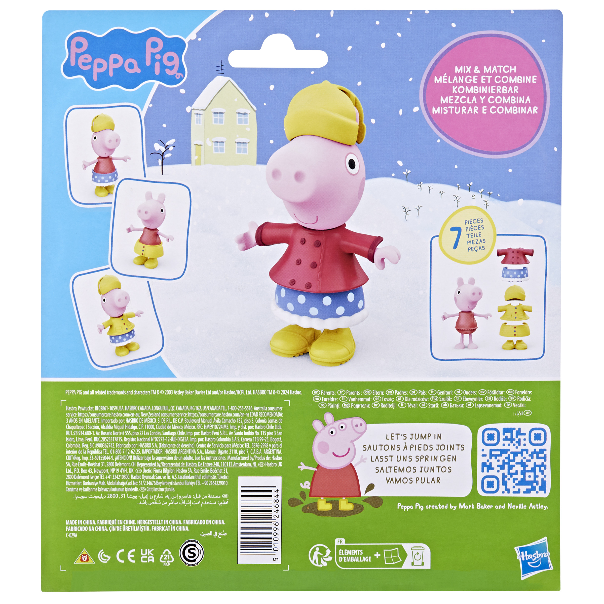 Juguete de Peppa Pig con ropa intercambiable, rodeado de texto y gráficos en la parte trasera.