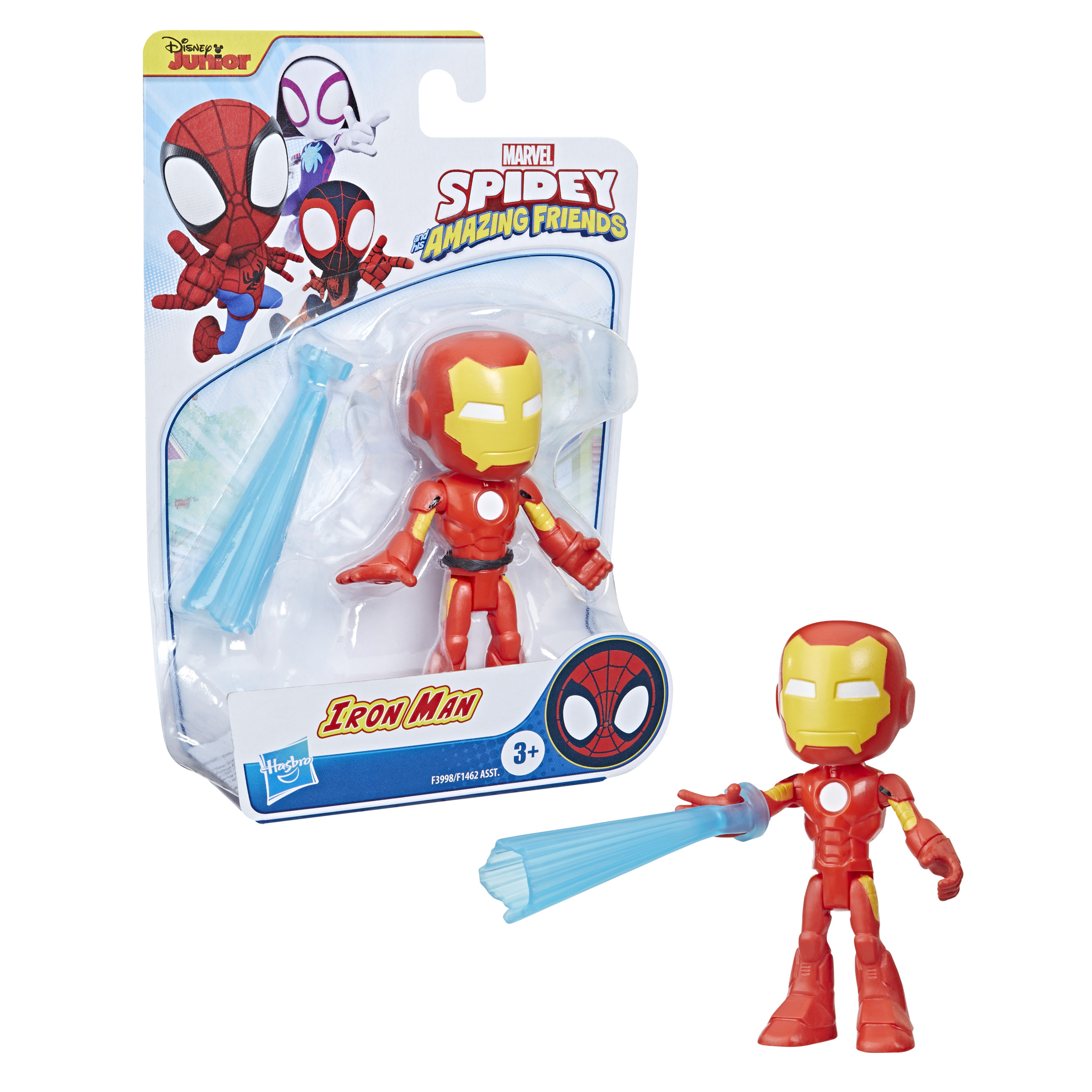 Action figure di Iron Man con esplosione di energia blu, in confezione e sfusa.