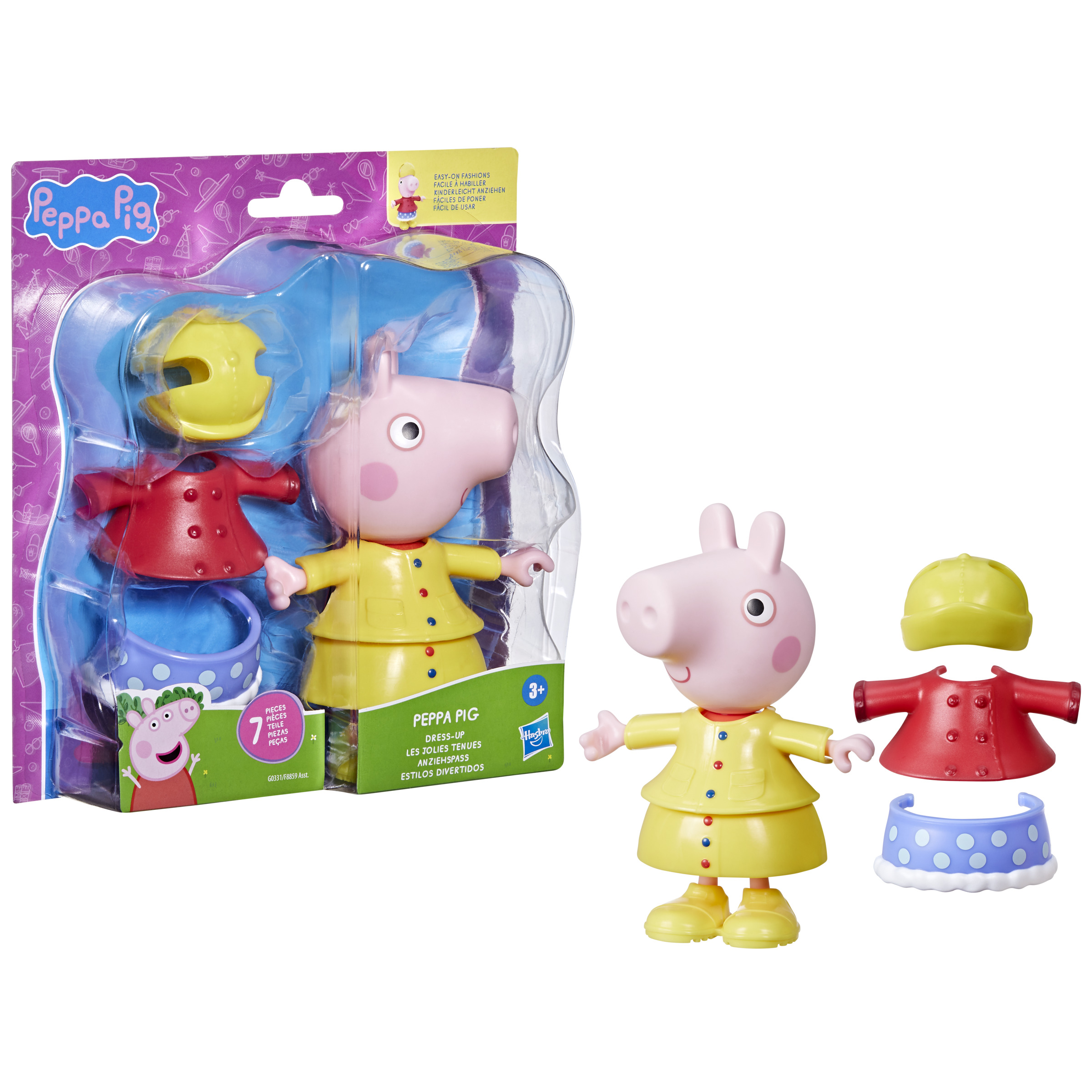 Juego de juguetes de Peppa Pig. Incluye figura de Peppa con vestido amarillo, abrigo rojo, sombrero y falda azul.