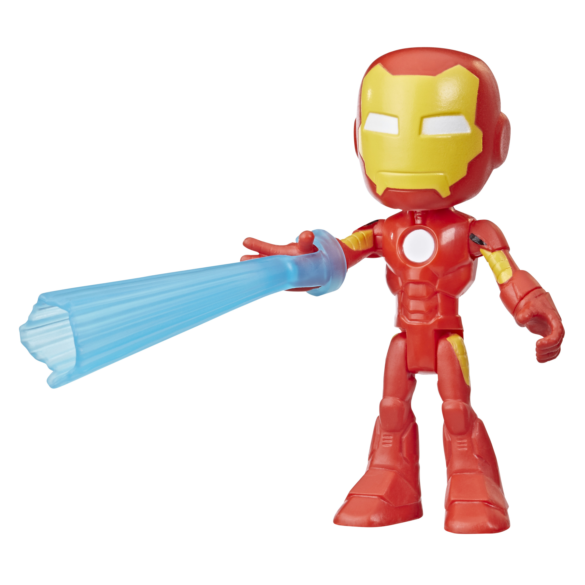 Personaggio giocattolo di Iron Man in rosso e giallo, che punta con un raggio di energia blu.