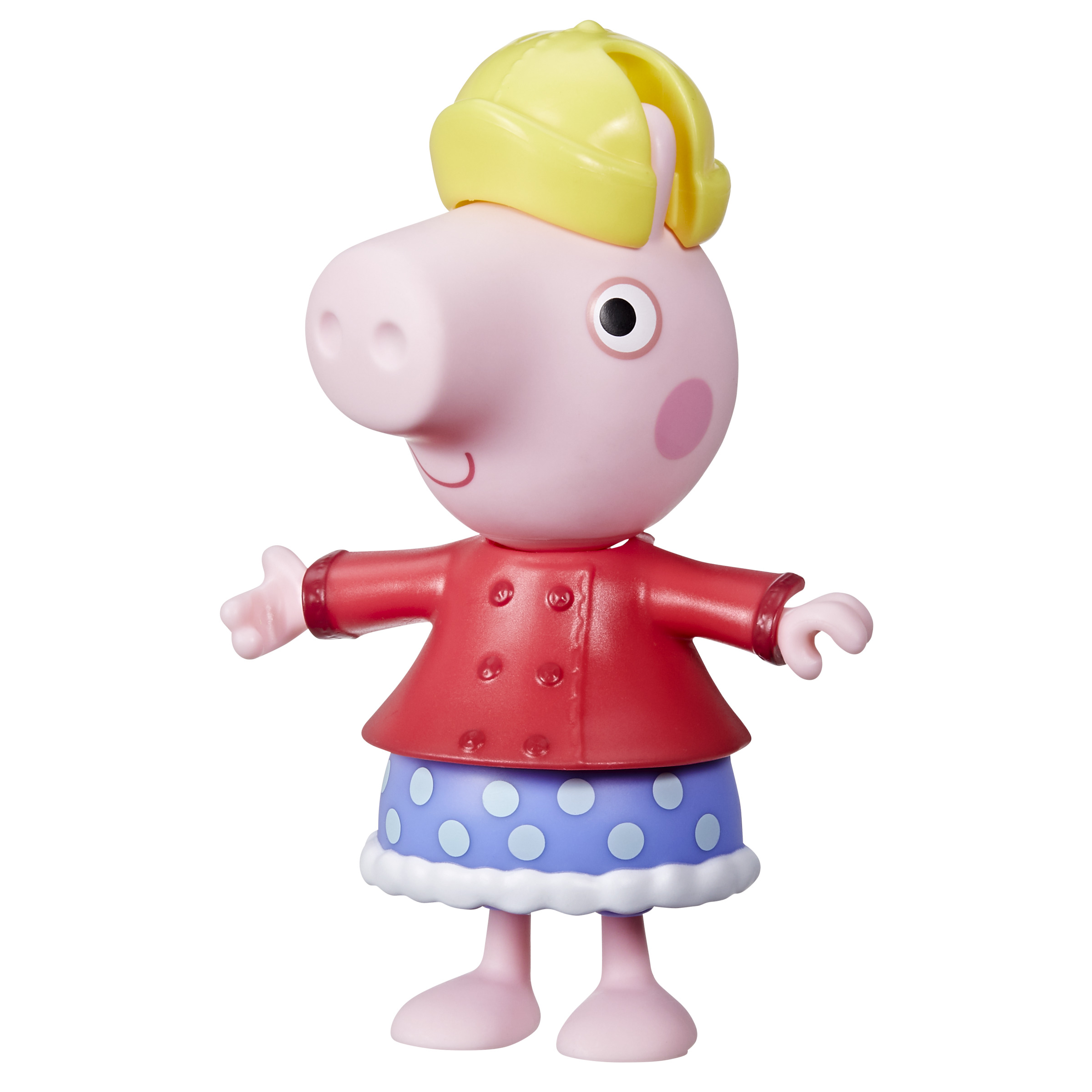 Una figura de Peppa Pig con una chaqueta roja y un sombrero amarillo, de pie con los brazos extendidos.