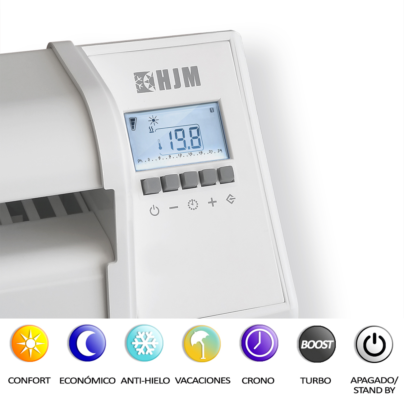 Un calefactor eléctrico blanco con una pantalla digital que muestra la temperatura.