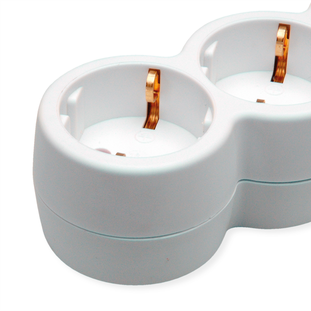Wit dubbel stopcontact met een uniek ontwerp, met twee stopcontacten naast elkaar, close-up.