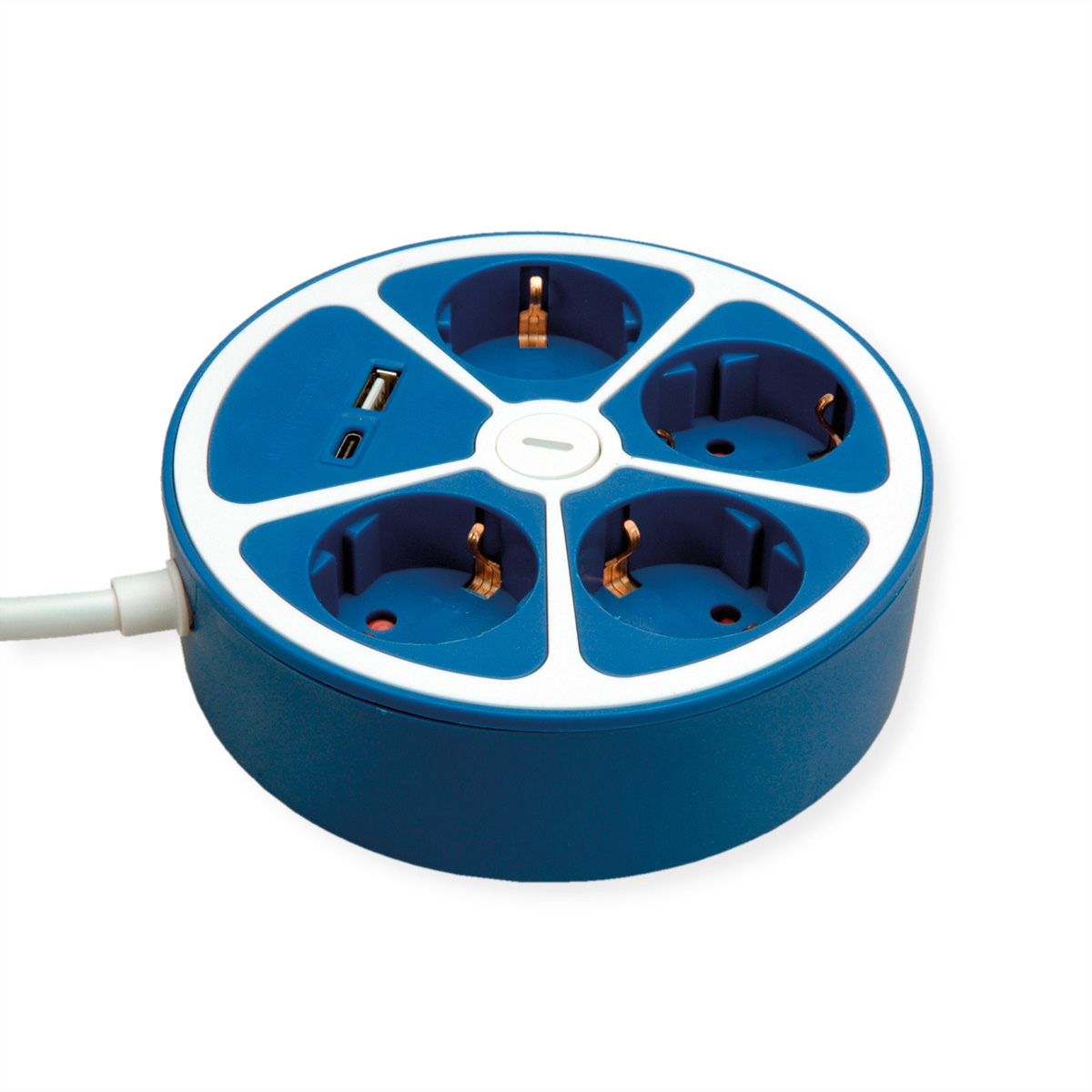 Een blauw-witte stekkerdoos met meerdere stopcontacten en een USB-poort.
