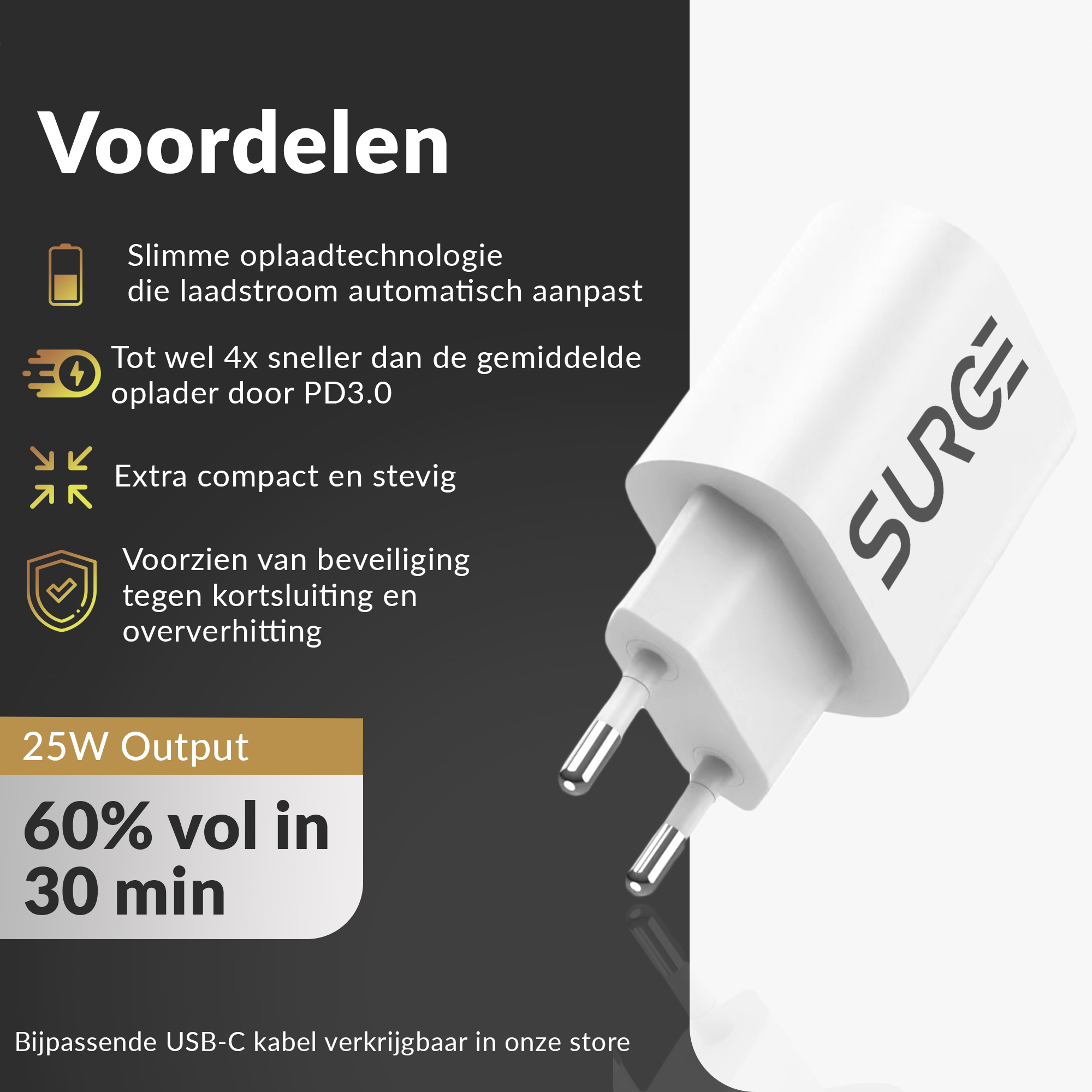 White charger with a white plug, and text promoting fast charging and safety features.