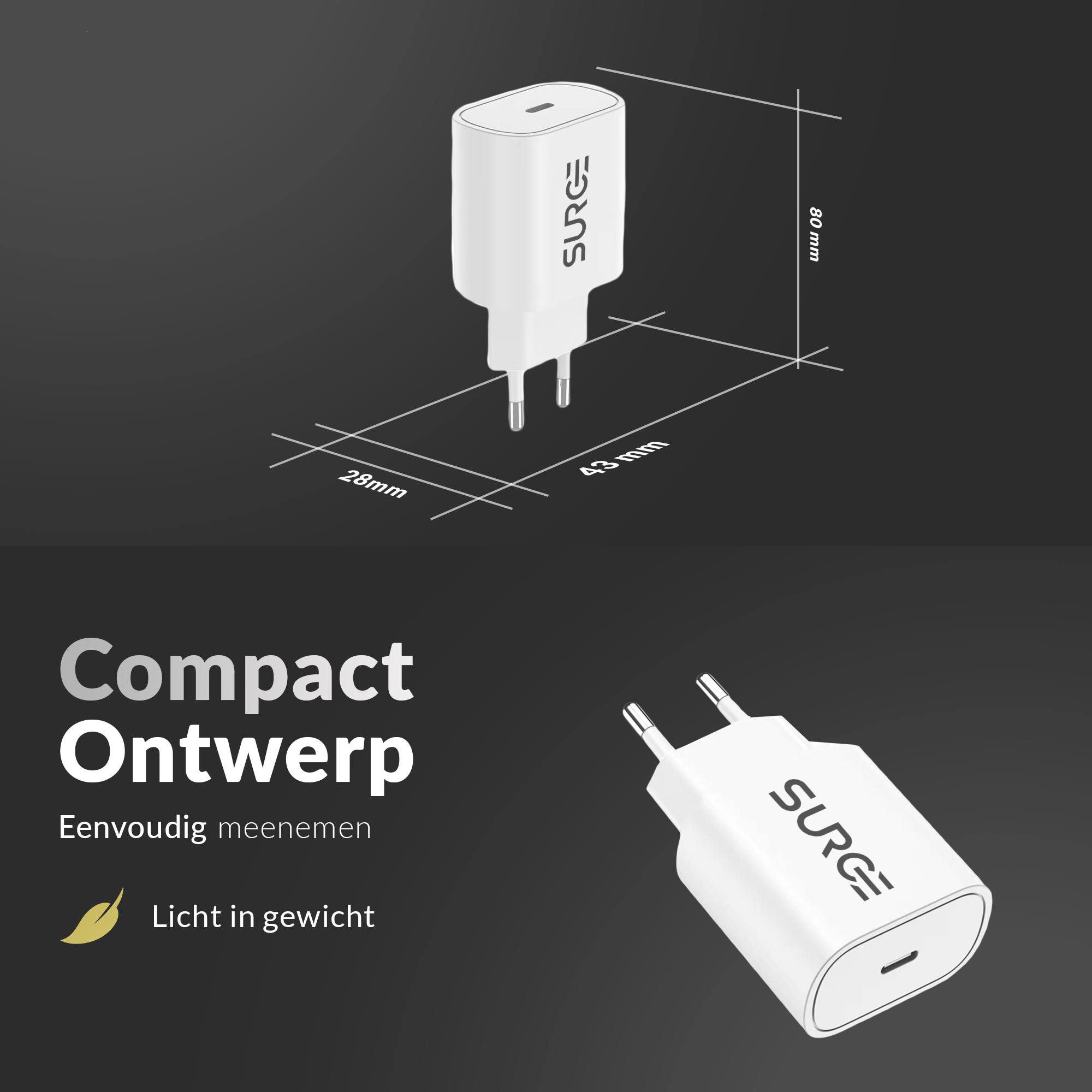 White charger with dimensions. Text: Compact Design. Two chargers are shown in the image.