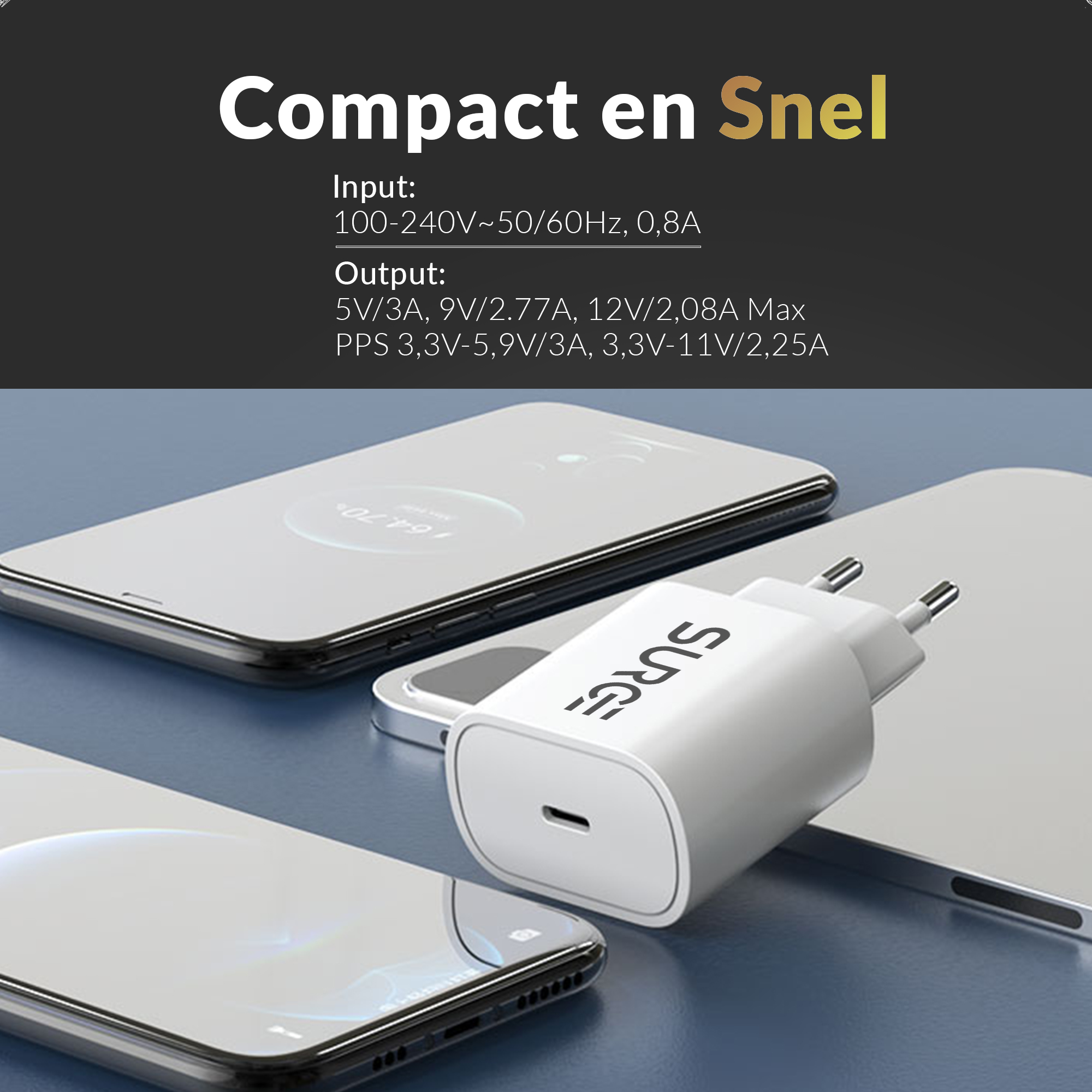 White charger with phone and text about input and output specifications. Phones are on the background.