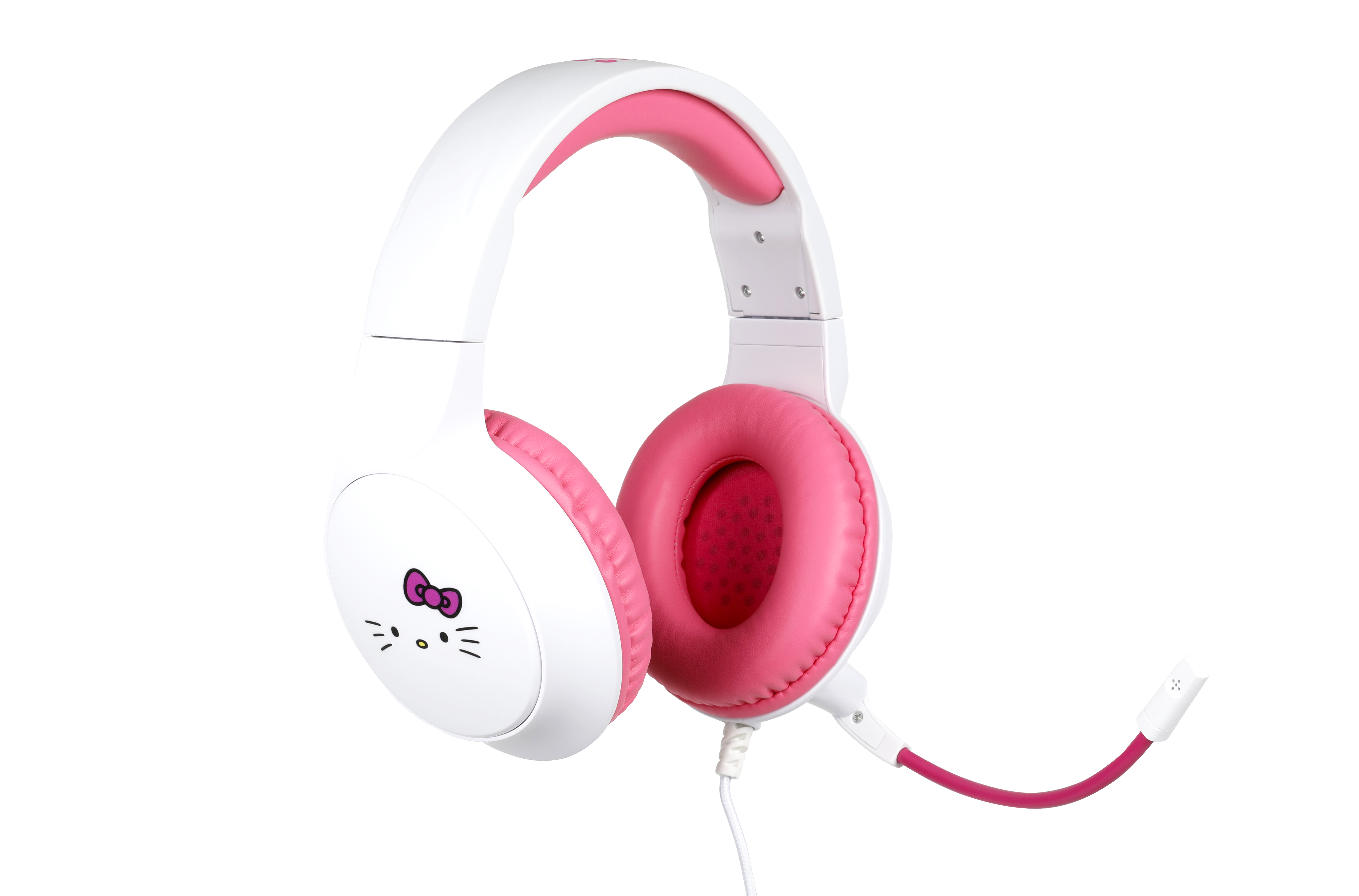 Biało-różowe słuchawki Hello Kitty z mikrofonem, na czarnym tle.