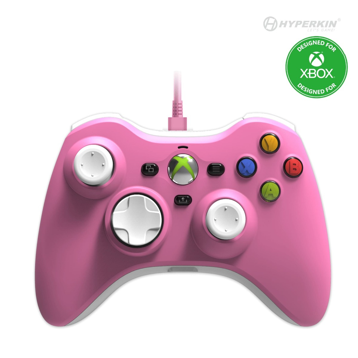 Roze Xbox-controller met knoppen en groen Xbox-logo.
