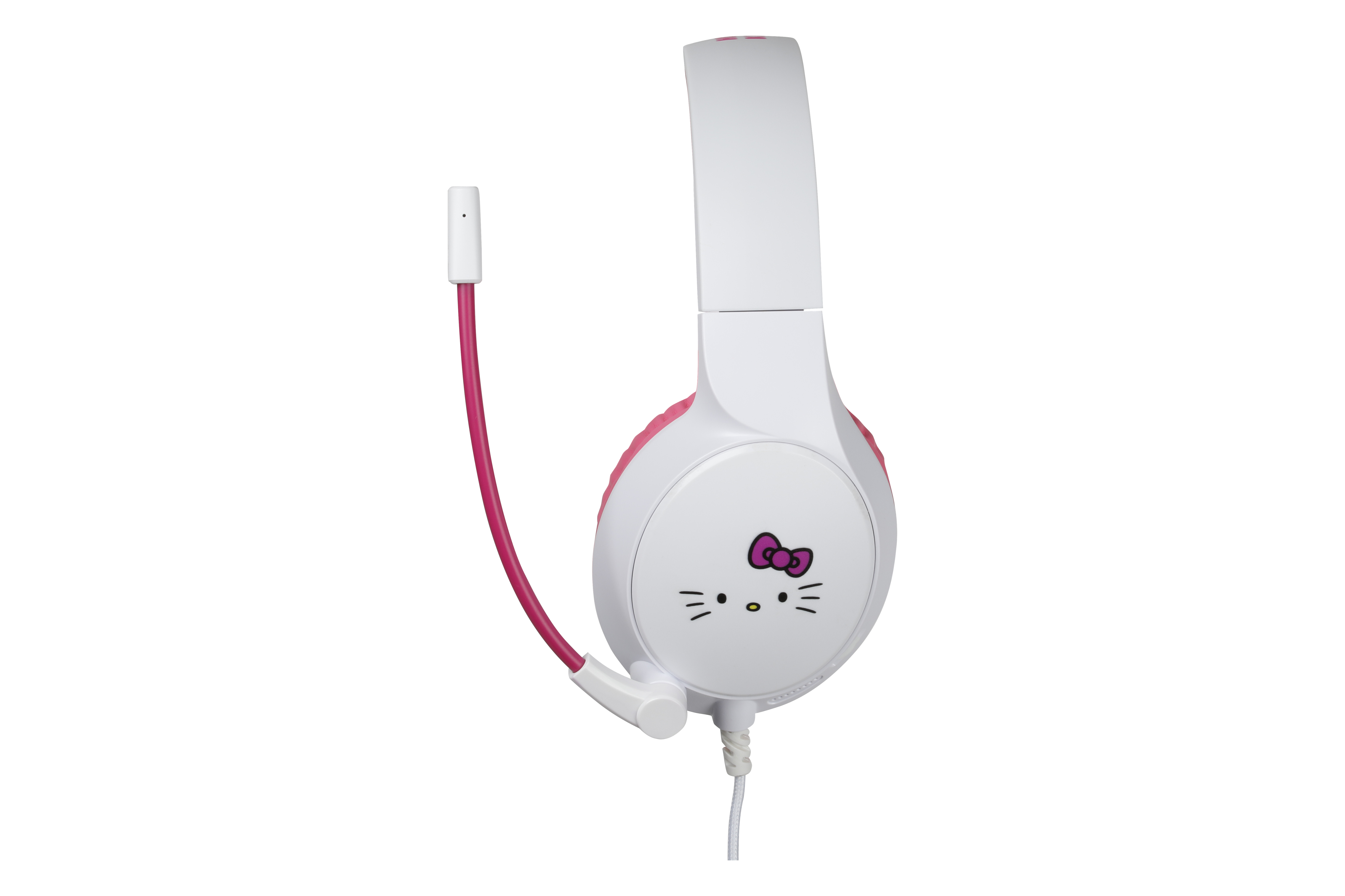 Białe słuchawki Hello Kitty z różowymi akcentami, mikrofonem i czarnym tłem.