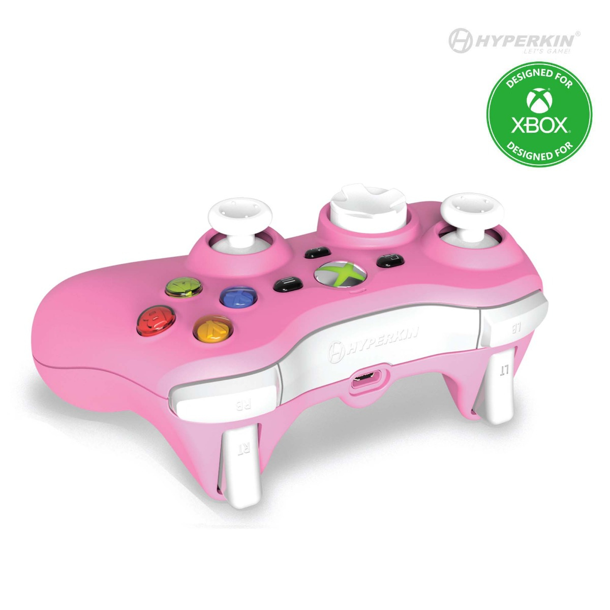Roze Hyperkin Xbox controller met witte accenten en gekleurde knoppen, ontworpen voor Xbox.