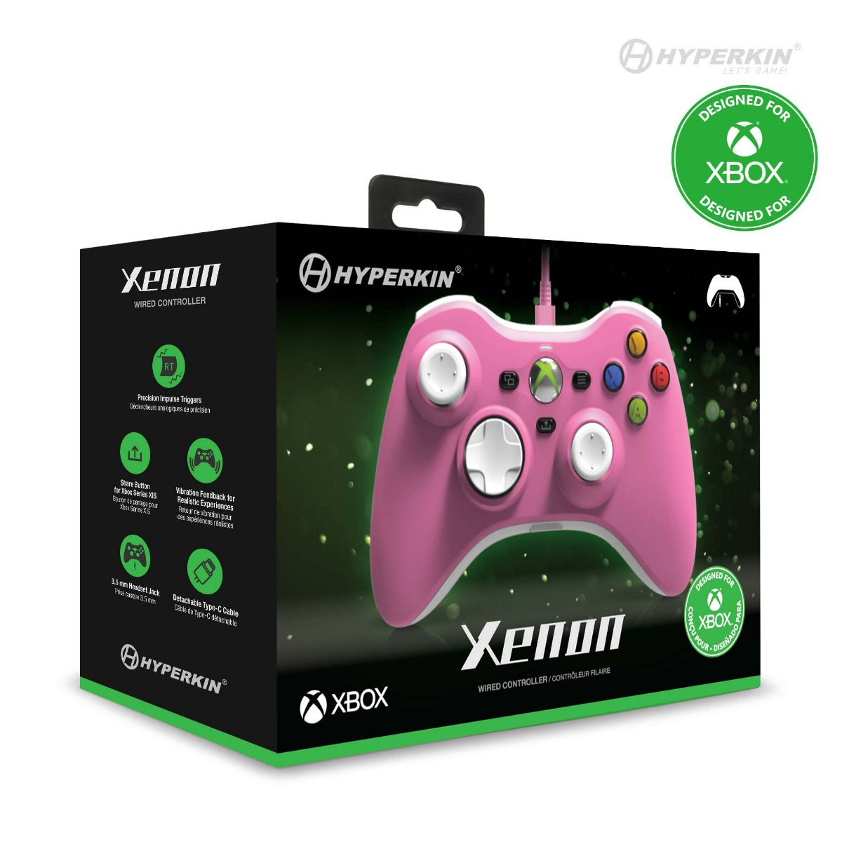 Roze Xbox controller in een doos. Tekst op de doos beschrijft functies en het Xbox logo.