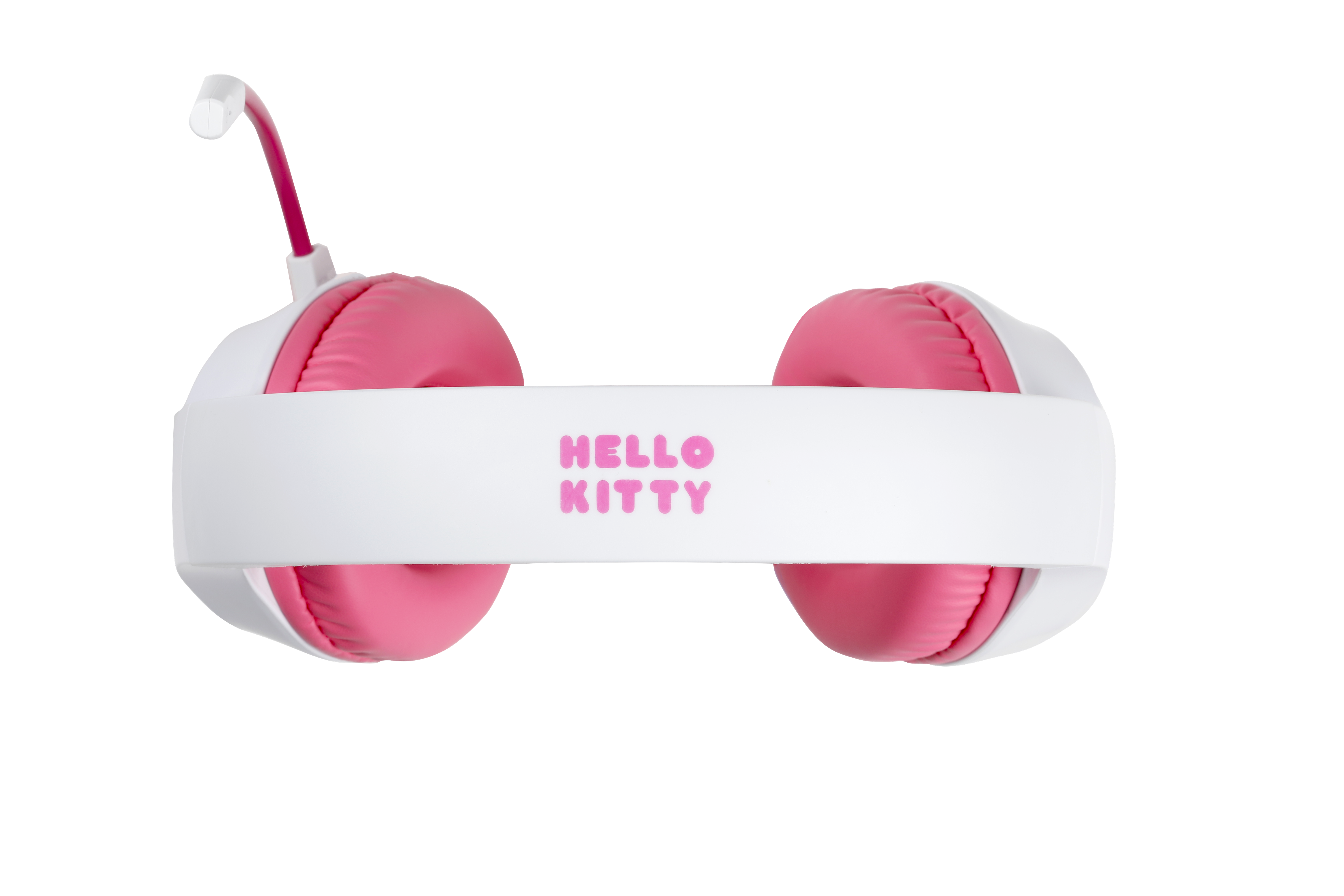 Słuchawki Hello Kitty. Różowe nauszniki, biała opaska, czarne tło.