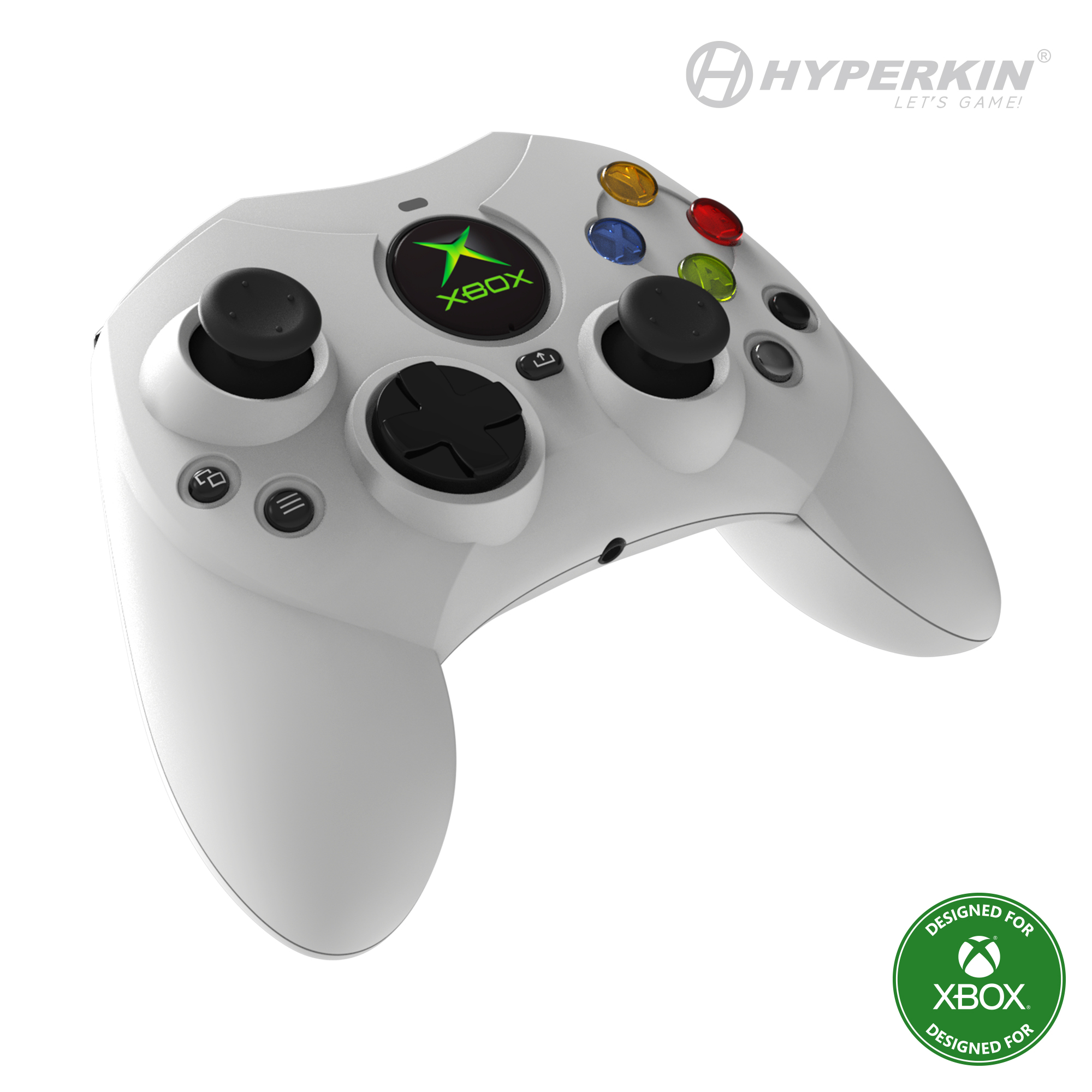 Witte Xbox-controller met knoppen en groen Xbox-logo.