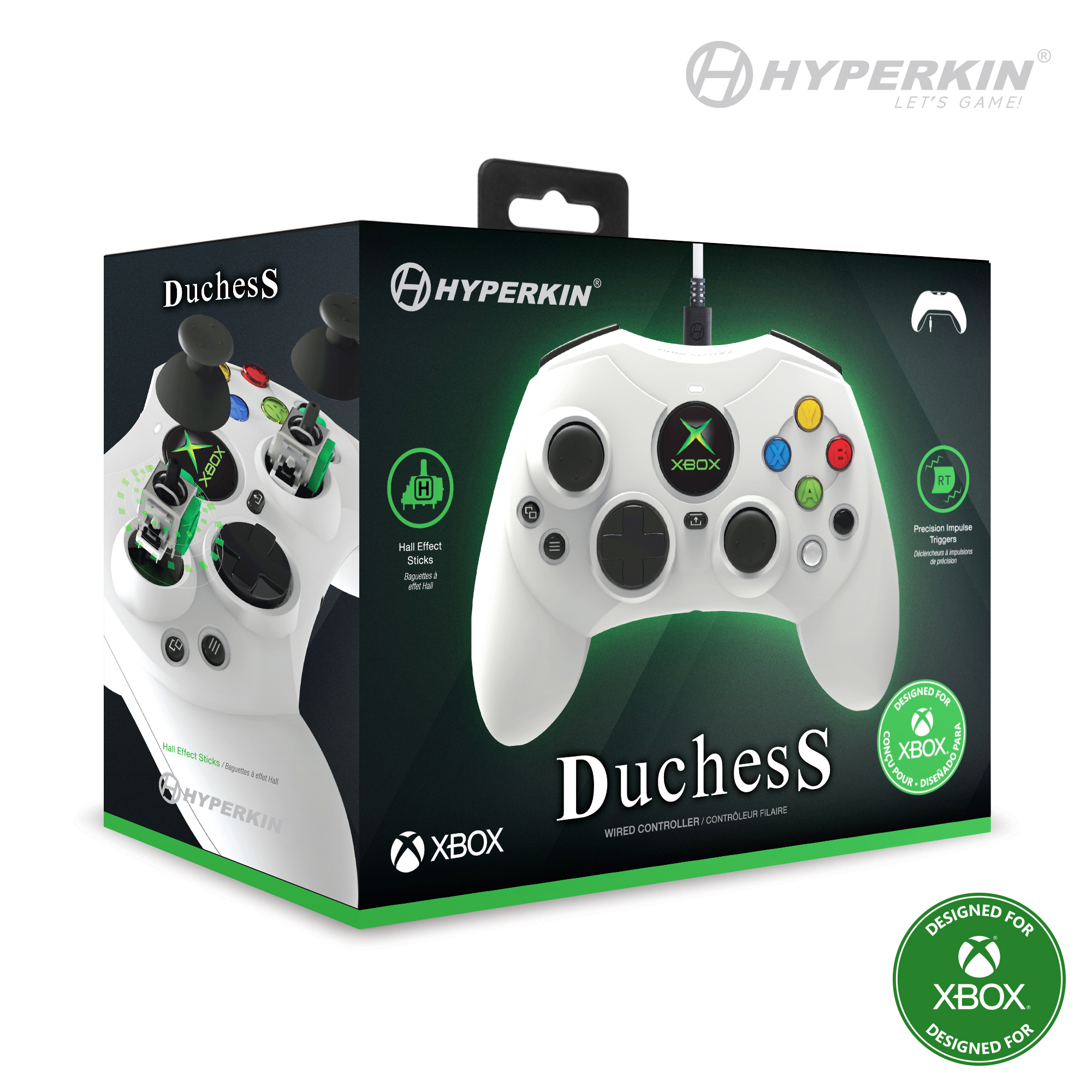Witte 'DuchesS' Xbox-controller in een doos met 'HYPERKIN' en Xbox-logo's.