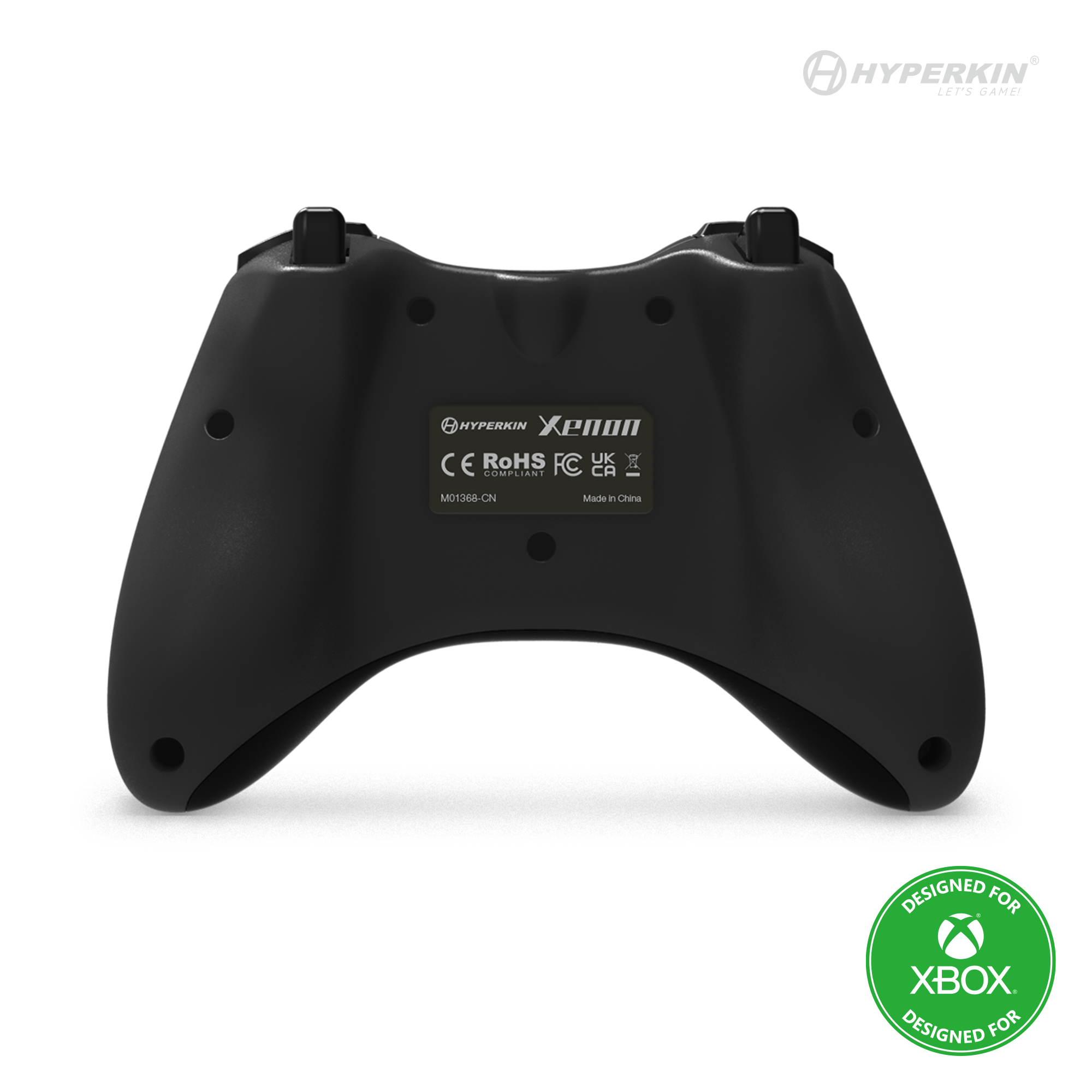 Black Xbox controller, back view, with labels and buttons.