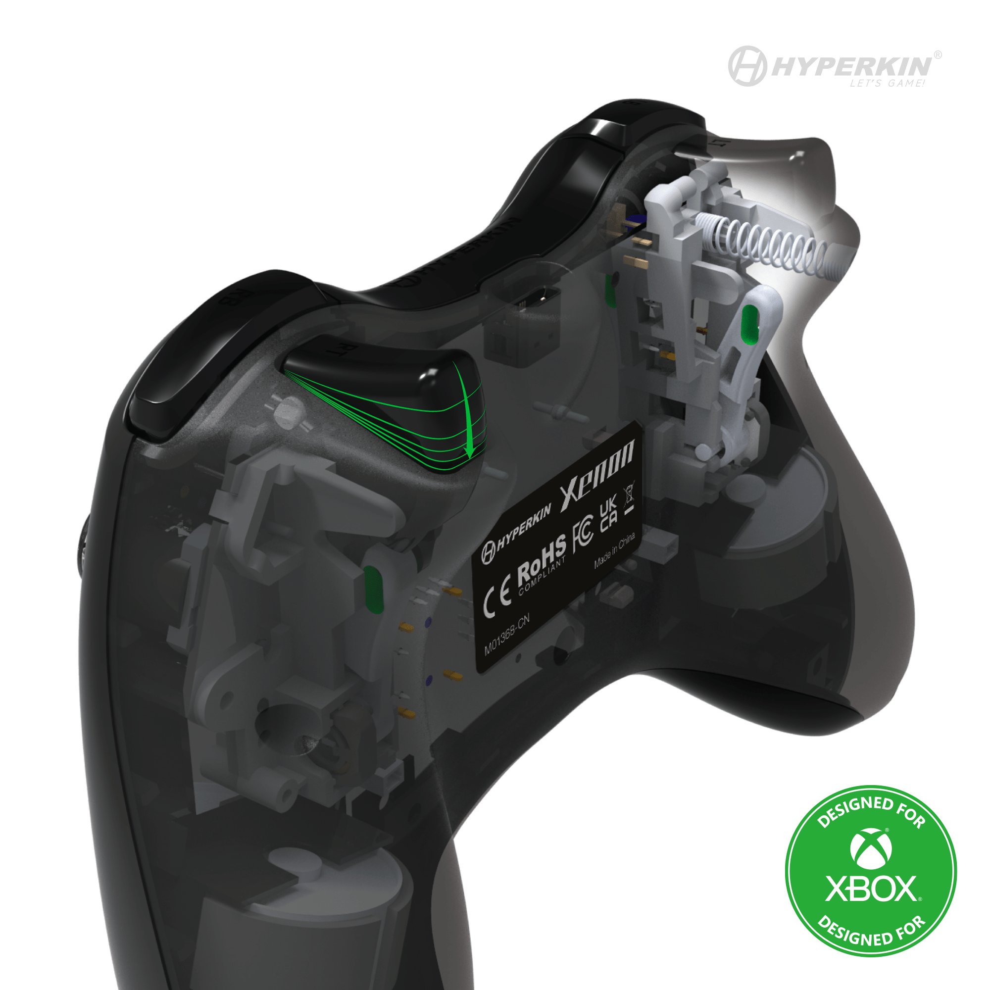Cutaway view of a black game controller showing internal mechanisms. Marked 'Designed for Xbox'.