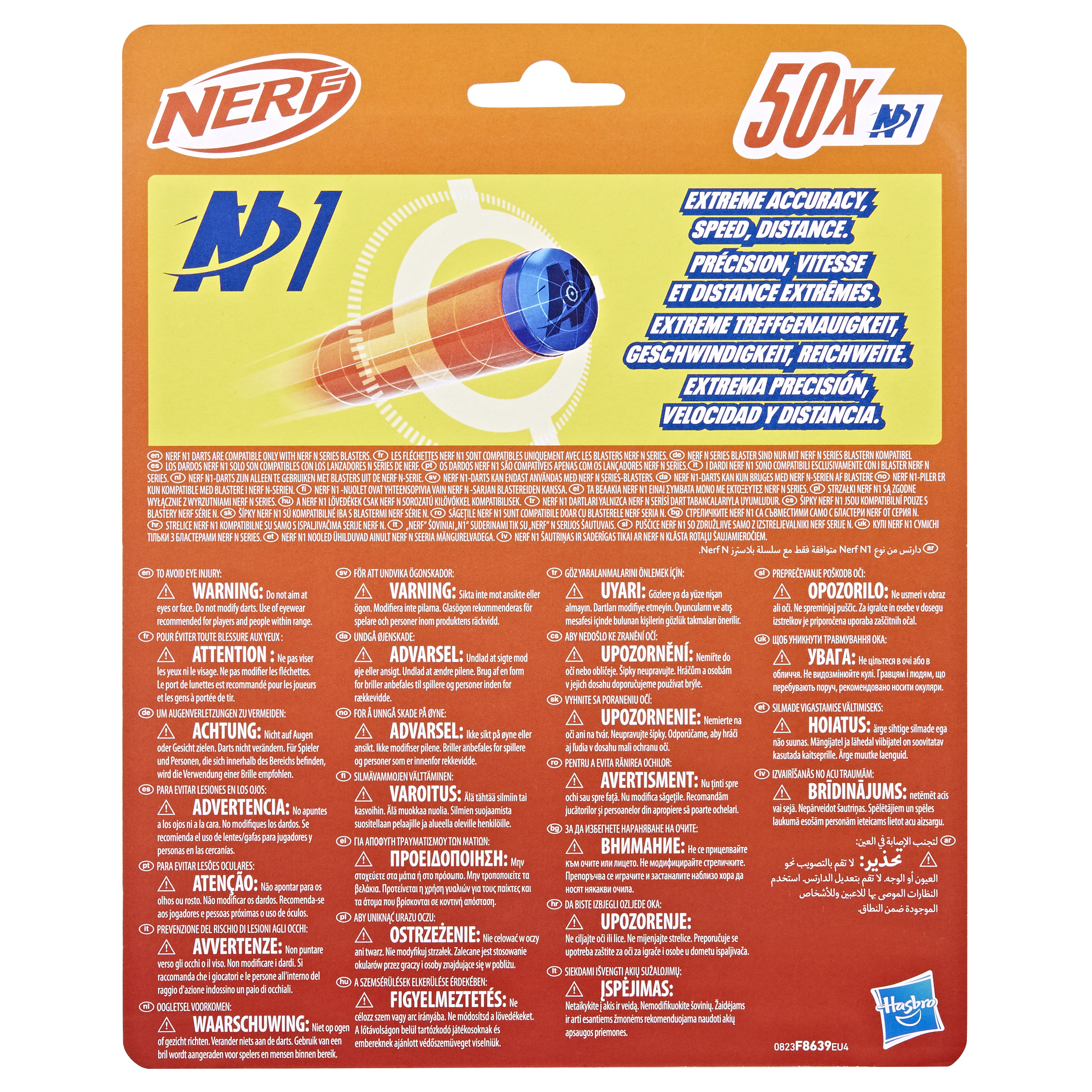Confezione di proiettili Nerf con testo e avvertenze in più lingue.