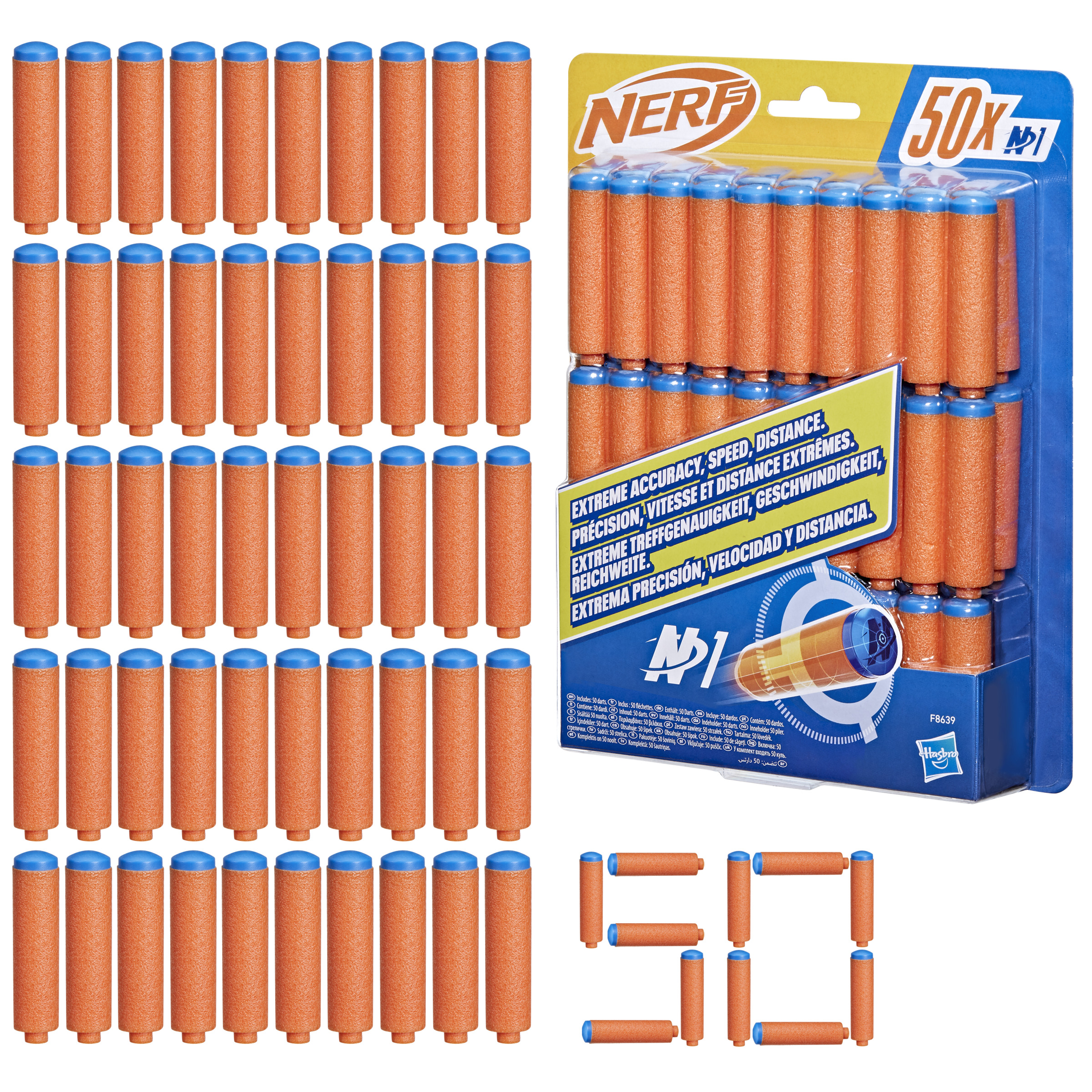 Dardi Nerf arancioni e blu confezionati in una scatola. 50 dardi in totale.