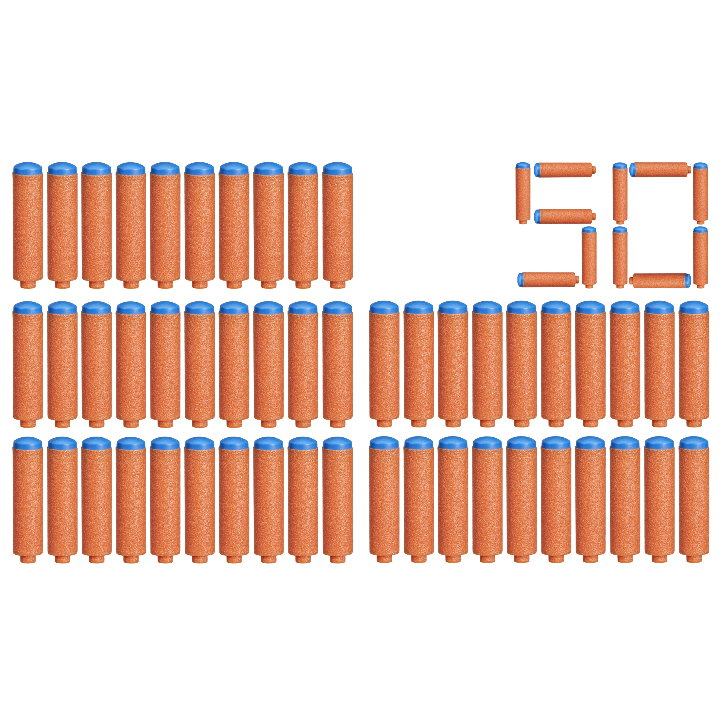 Proiettili Nerf arancioni e blu, con il numero 50 a blocchi.