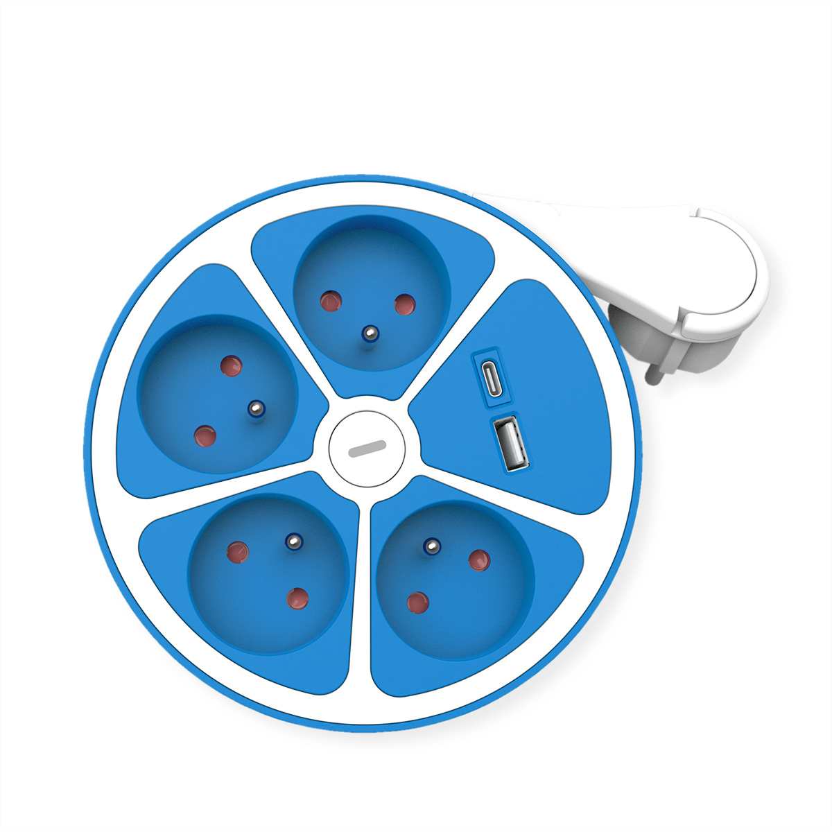 Multiprise ronde bleue avec cinq prises, un port USB et une prise blanche.