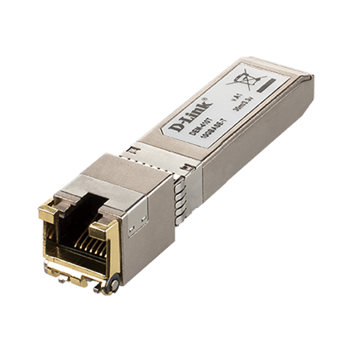 Silbernes und graues D-Link-Netzwerkgerät mit Stecker.
