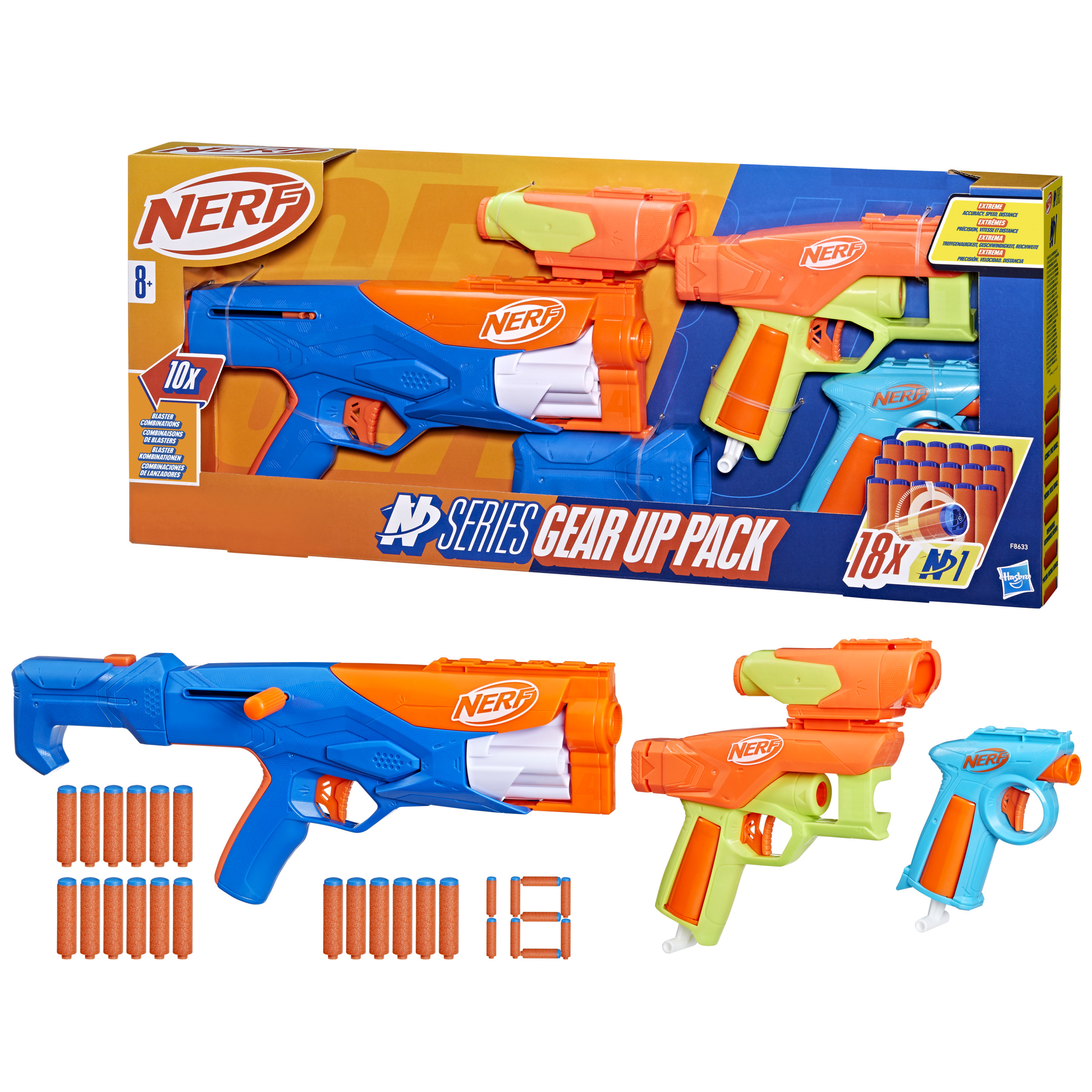 Conjunto de pistolas Nerf, varios colores, con munición y caja.