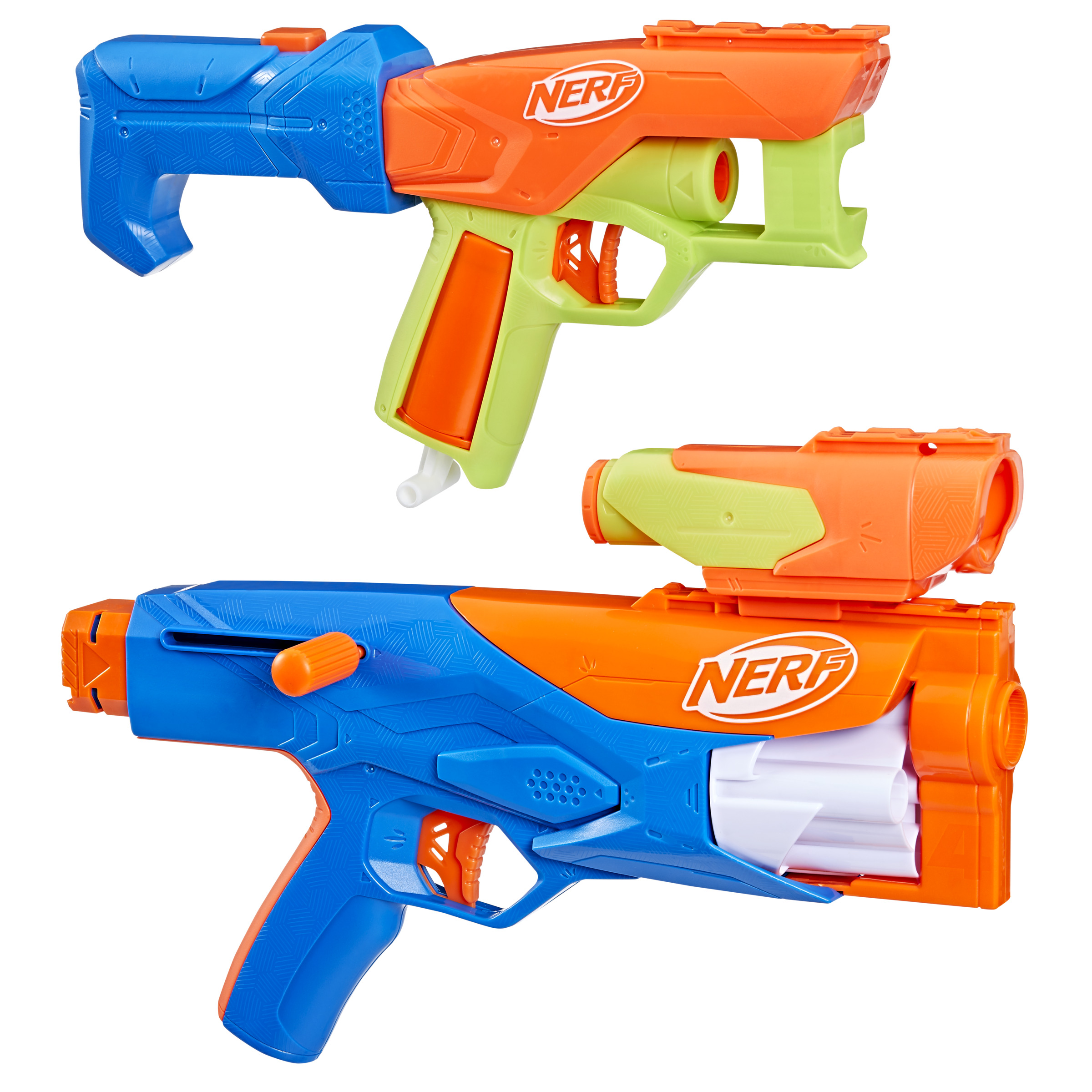 Dos pistolas Nerf, una azul y verde con detalles naranjas, la otra naranja y azul.