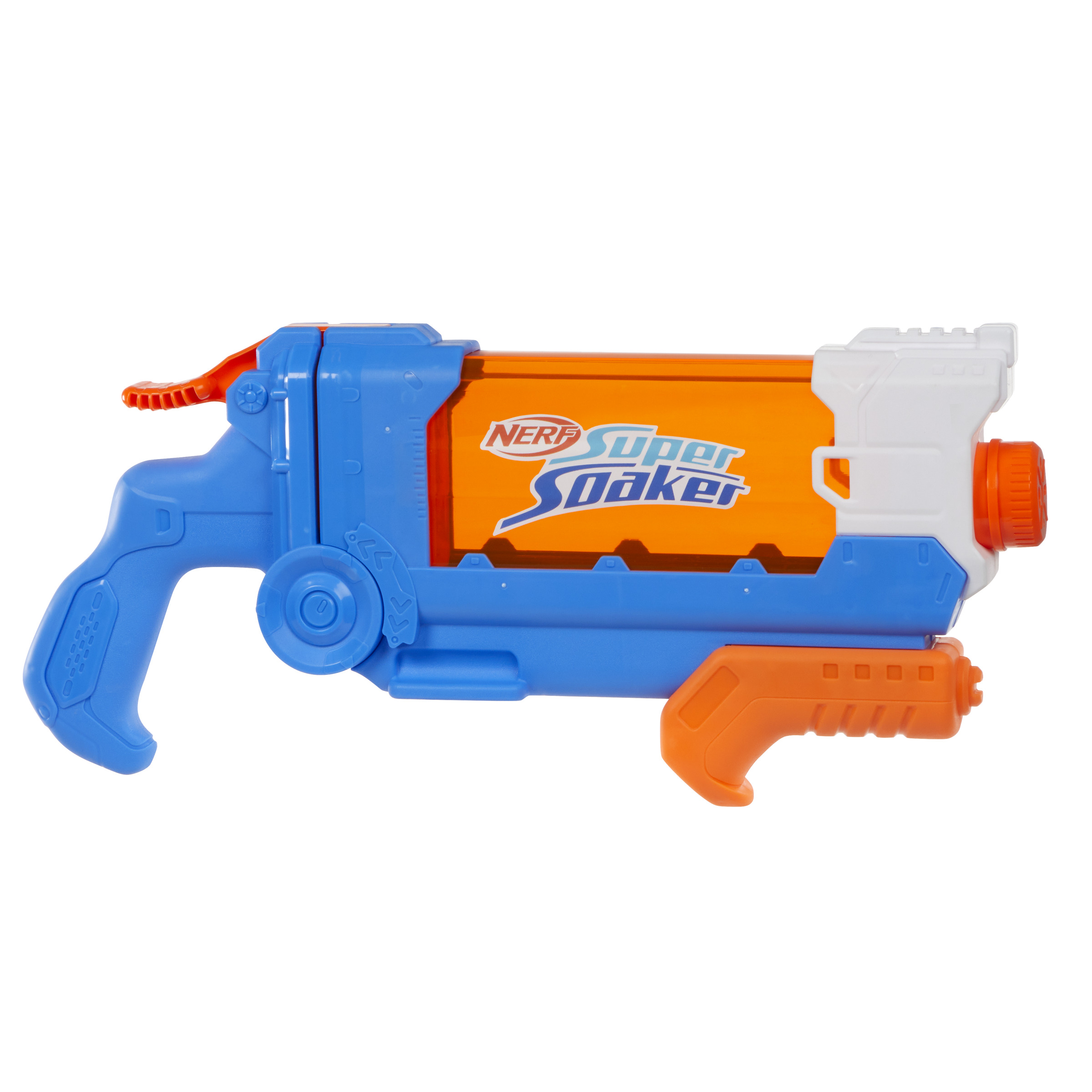 Pistola de agua Nerf Super Soaker, azul y naranja, sobre un fondo blanco.