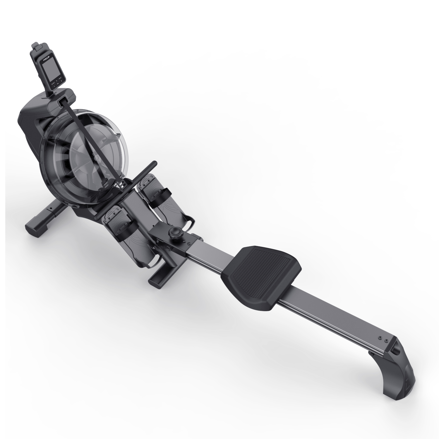 Black rowing machine on white background, with a digital display and seat.