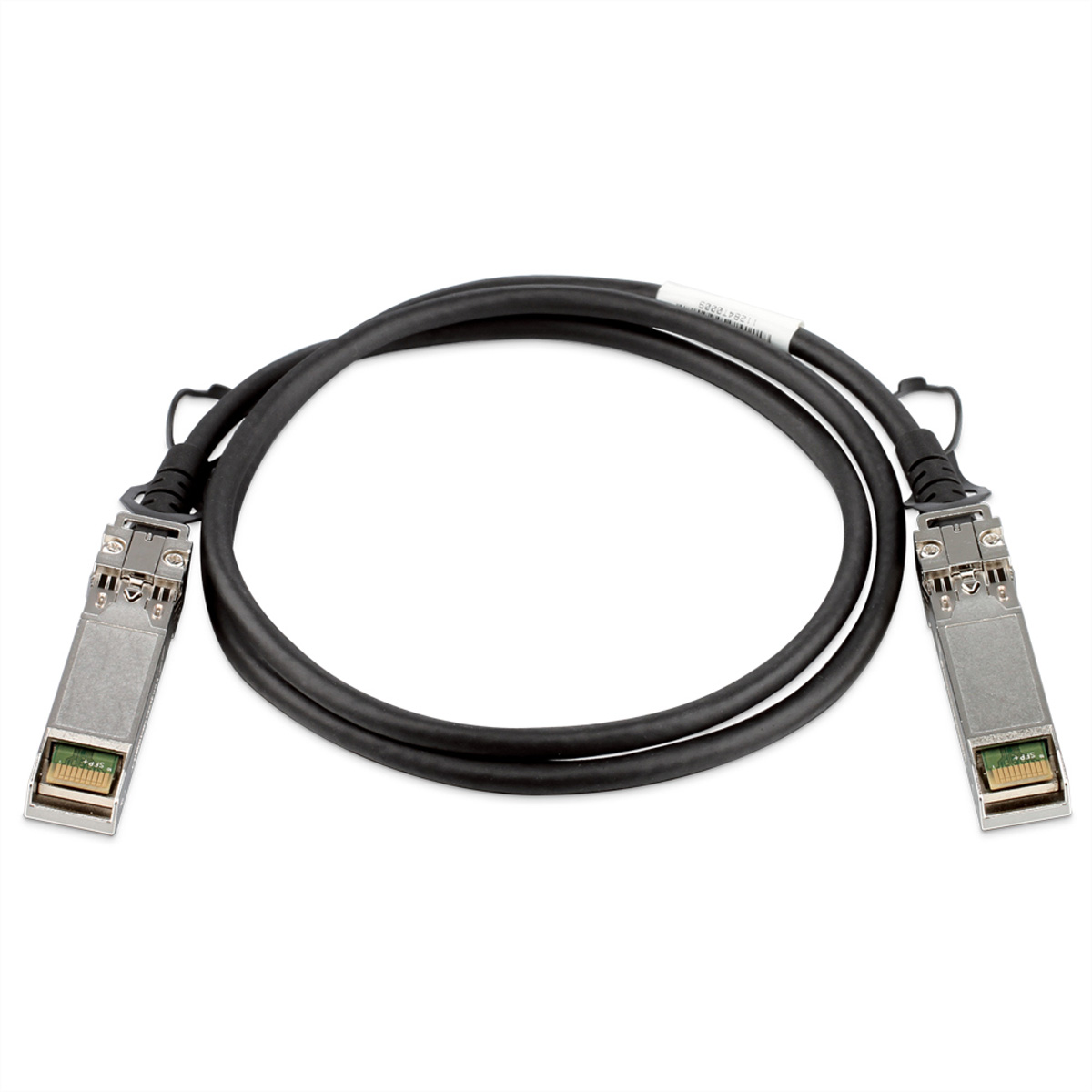 Ein schwarzes Kabel mit Anschlüssen an jedem Ende, das auf einer weißen Oberfläche liegt.