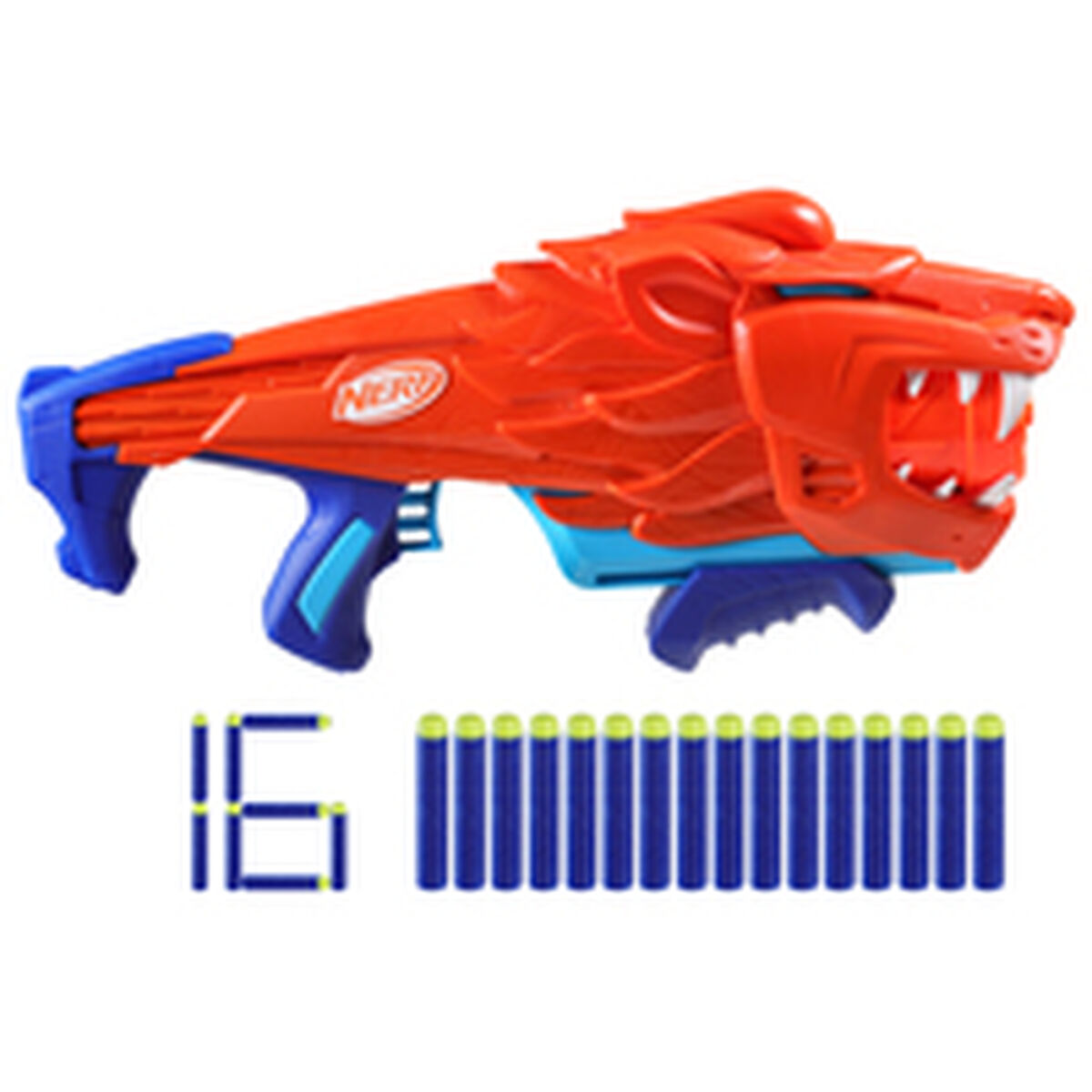 Pistola Nerf roja y naranja con forma de león, con detalles azules y dardos.