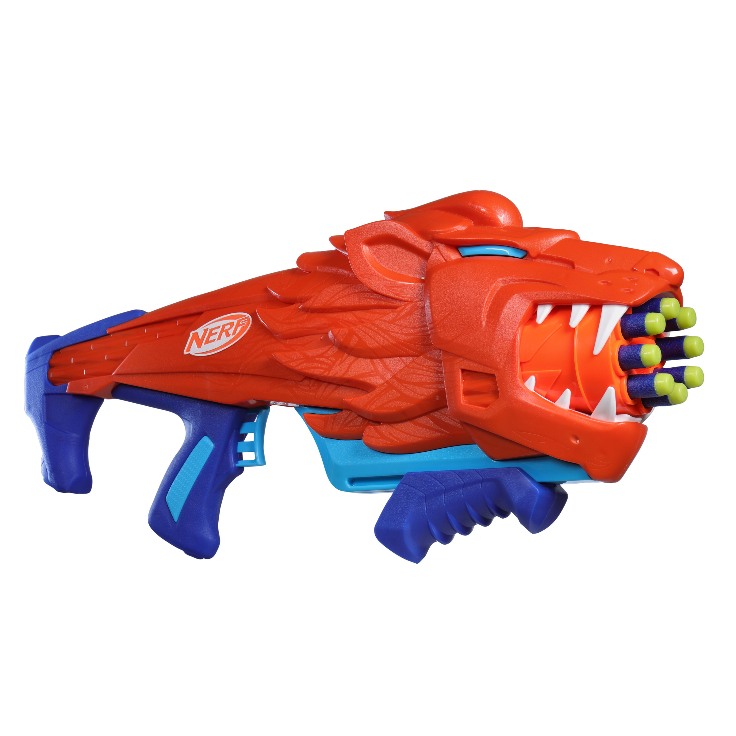 Una pistola Nerf con un diseño rojo y azul con una cara de león. La pistola tiene dardos verdes.