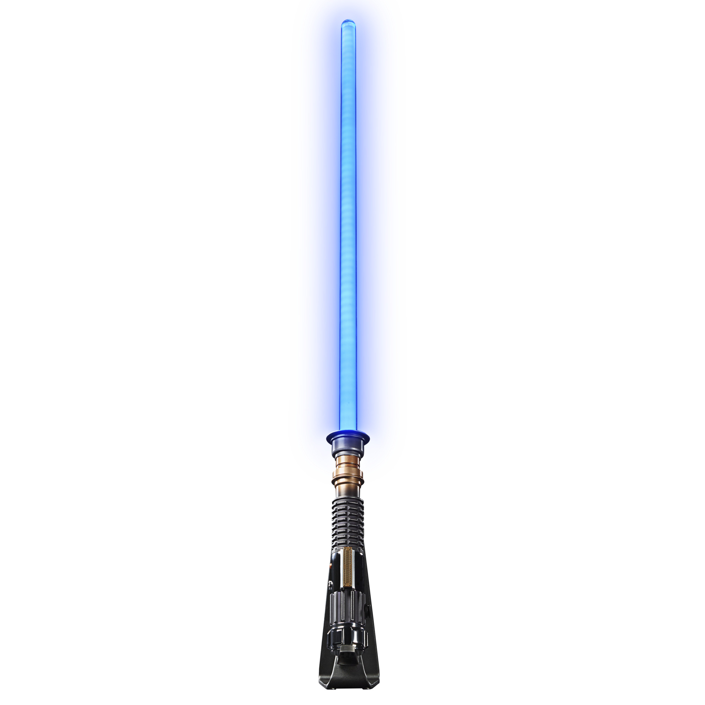 Sable de luz azul sobre un fondo blanco. La empuñadura es oscura con detalles metálicos. La hoja es de un azul brillante y sólido.