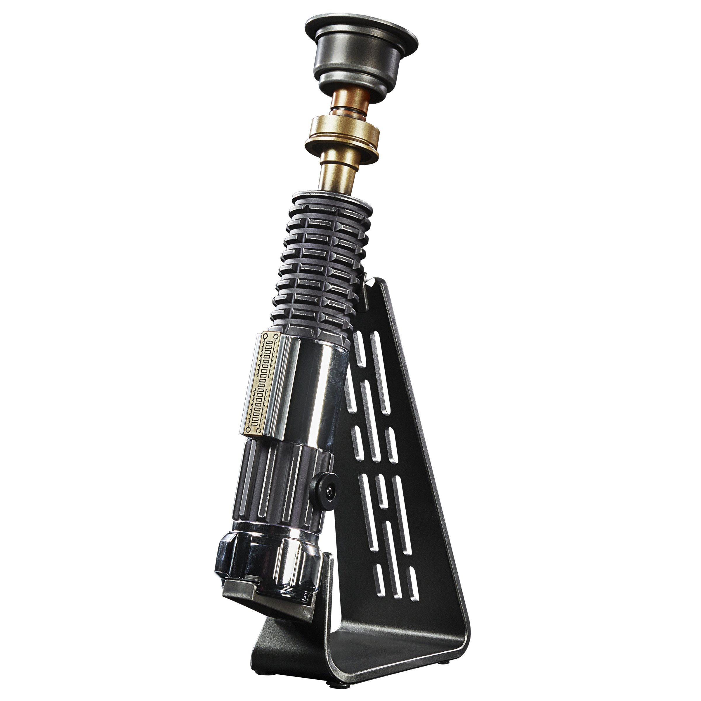 Un accesorio de sable de luz de Star Wars en un soporte negro, frente a un fondo blanco.