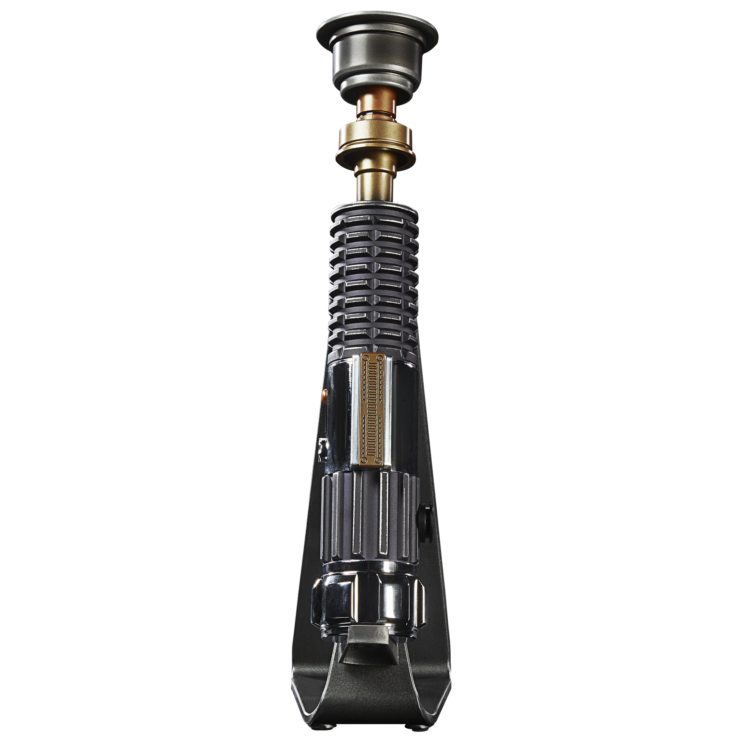 Un sable de luz de Star Wars, con un mango negro y una parte superior plateada y bronce.