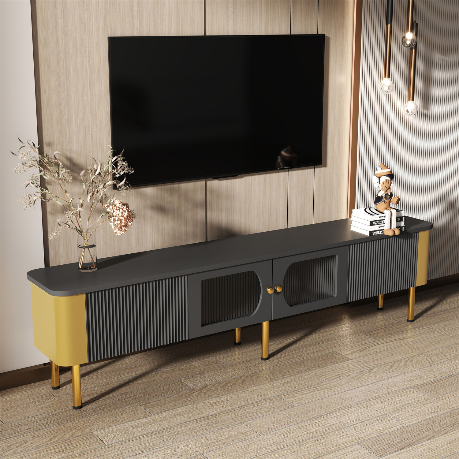 TV-Ständer, dunkelgrau, goldene Beine, mit TV und Dekoration.