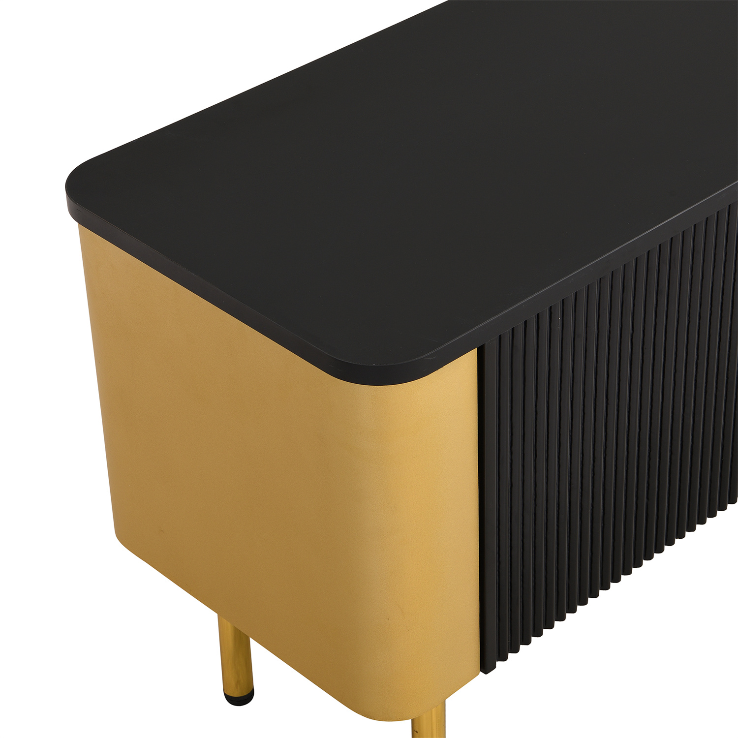 Moderner schwarz-goldener Schrank mit strukturierter schwarzer Front und goldenen Beinen.