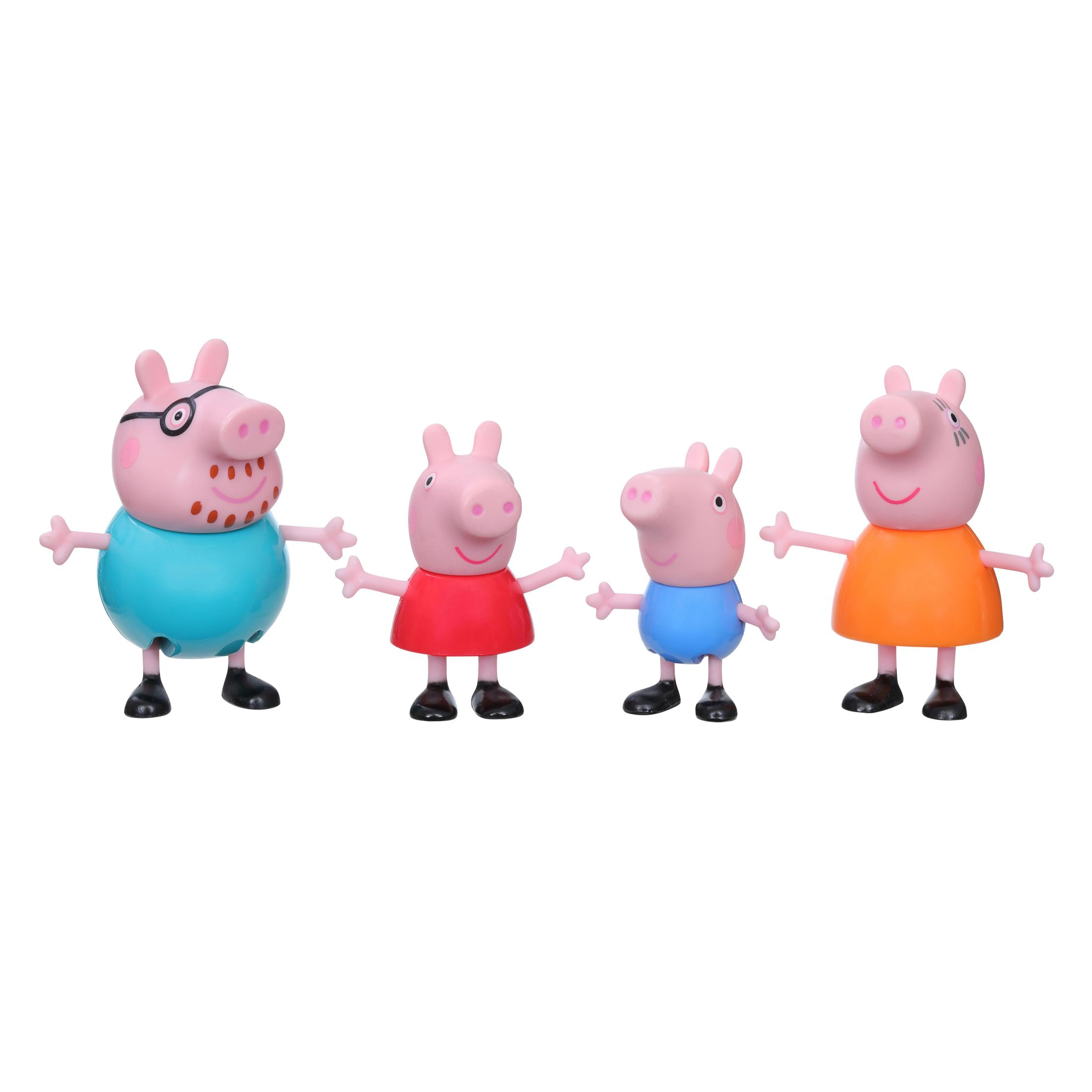 Cuatro figuras de Peppa Pig de pie, cada una con un atuendo diferente.