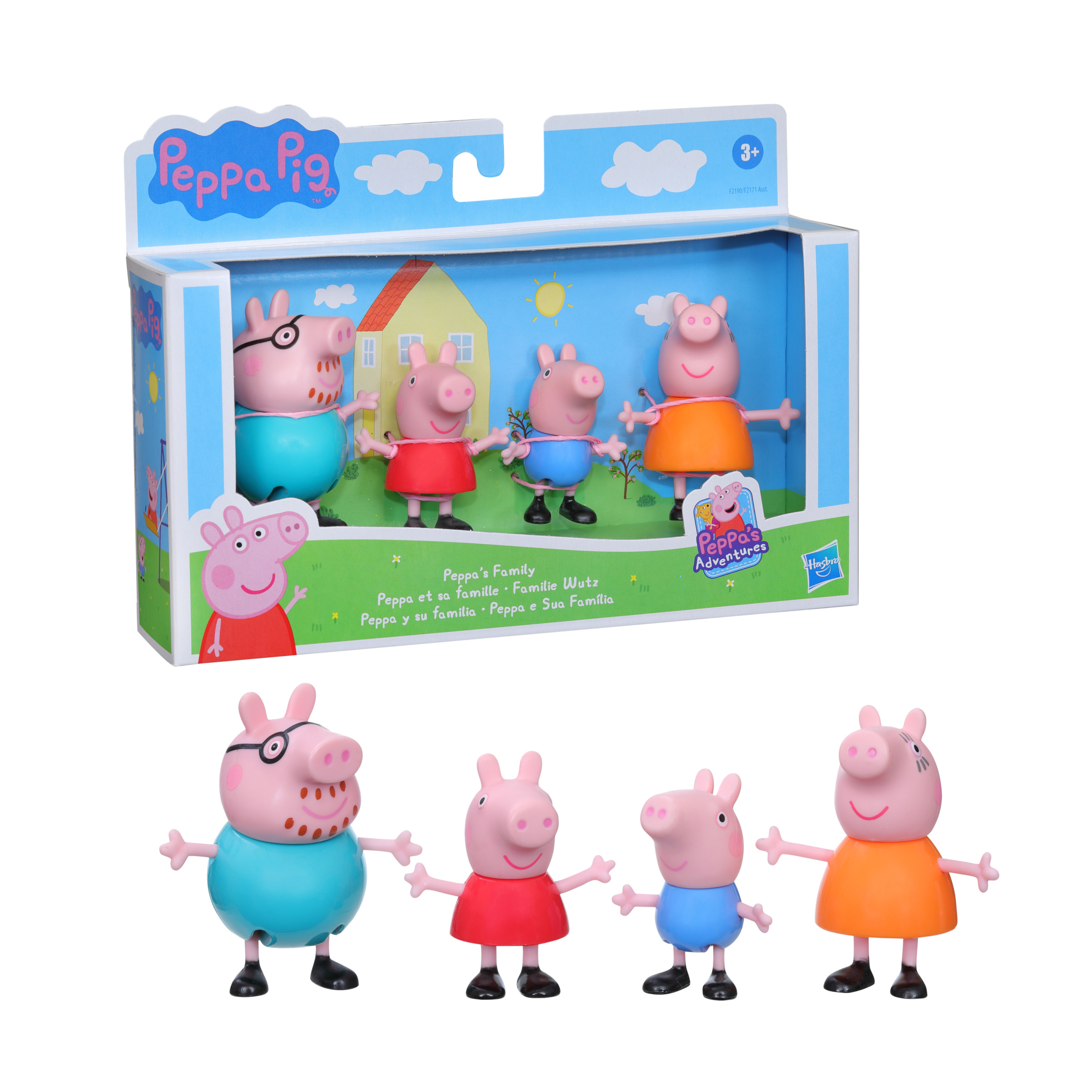 Juego de juguetes de Peppa Pig con figuras familiares, Peppa, George, Papá y Mamá Pig. Caja y figuras.