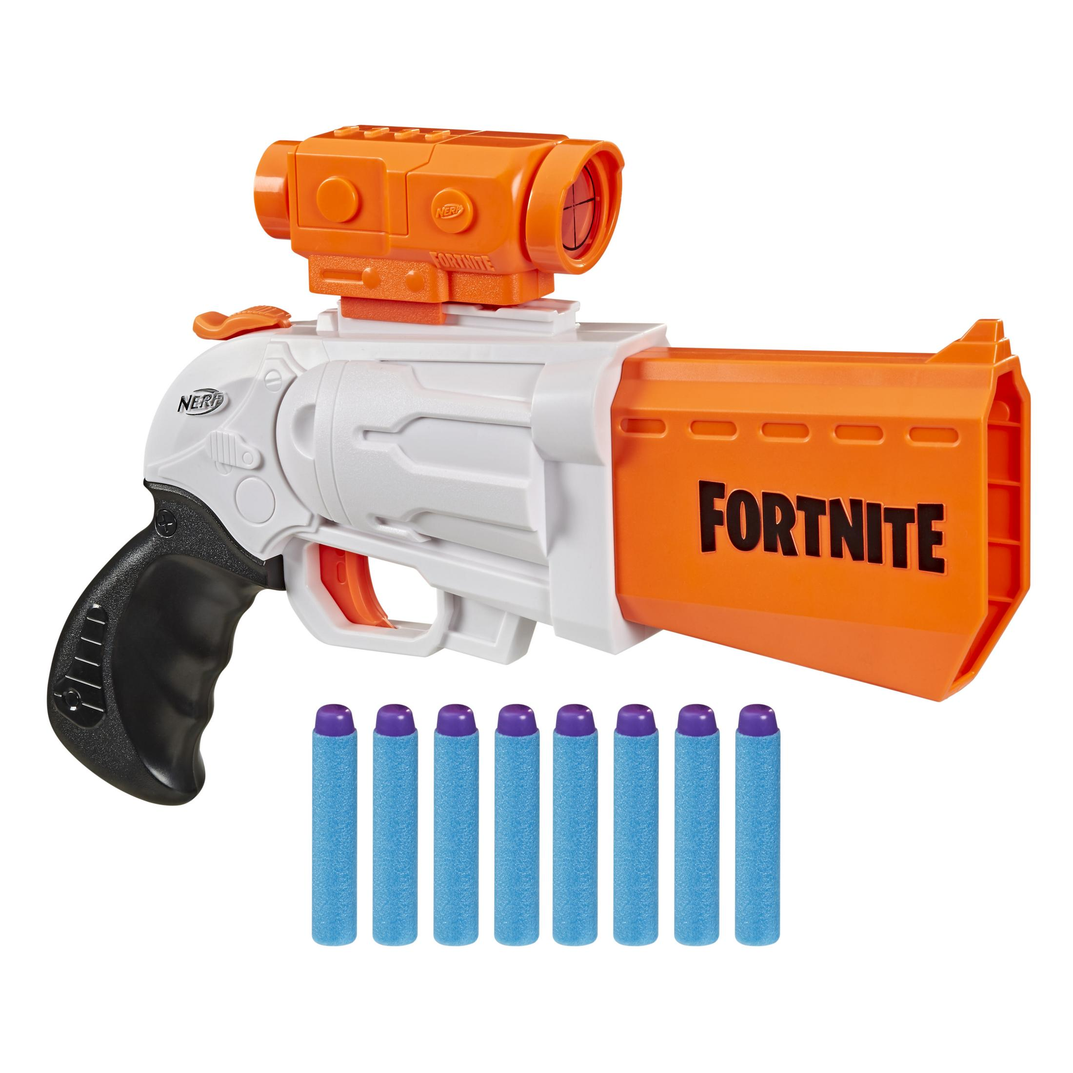 Pistola giocattolo Nerf Fortnite con mirino e dardi. Schema di colori bianco e arancione. Dardi blu.
